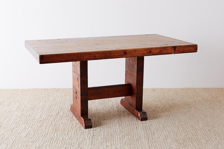 Rustic American Butcher Block Trestle Style Dining Table For Sale at