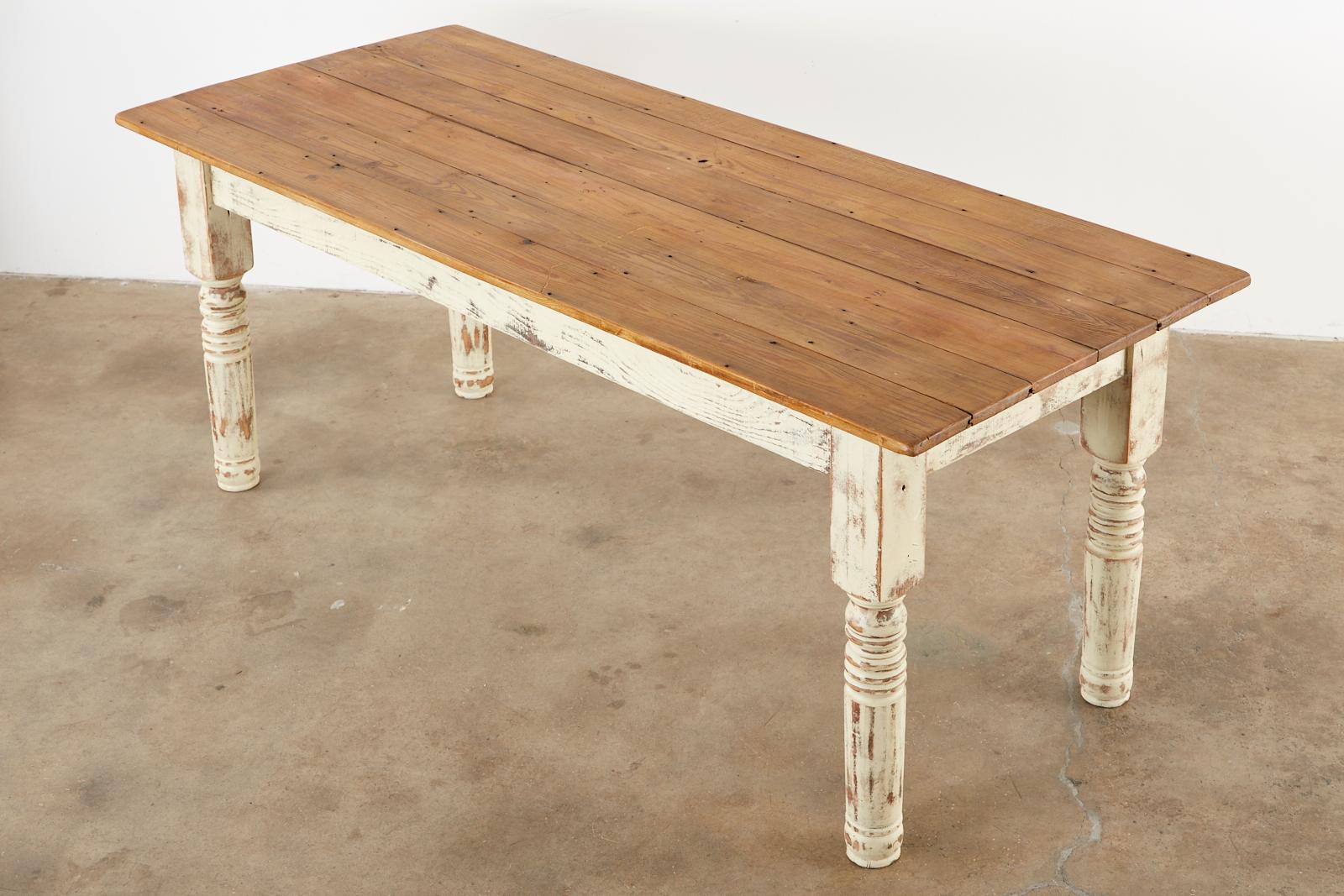 Rustic American Cream Painted Pine Farmhouse Dining Table For Sale 6