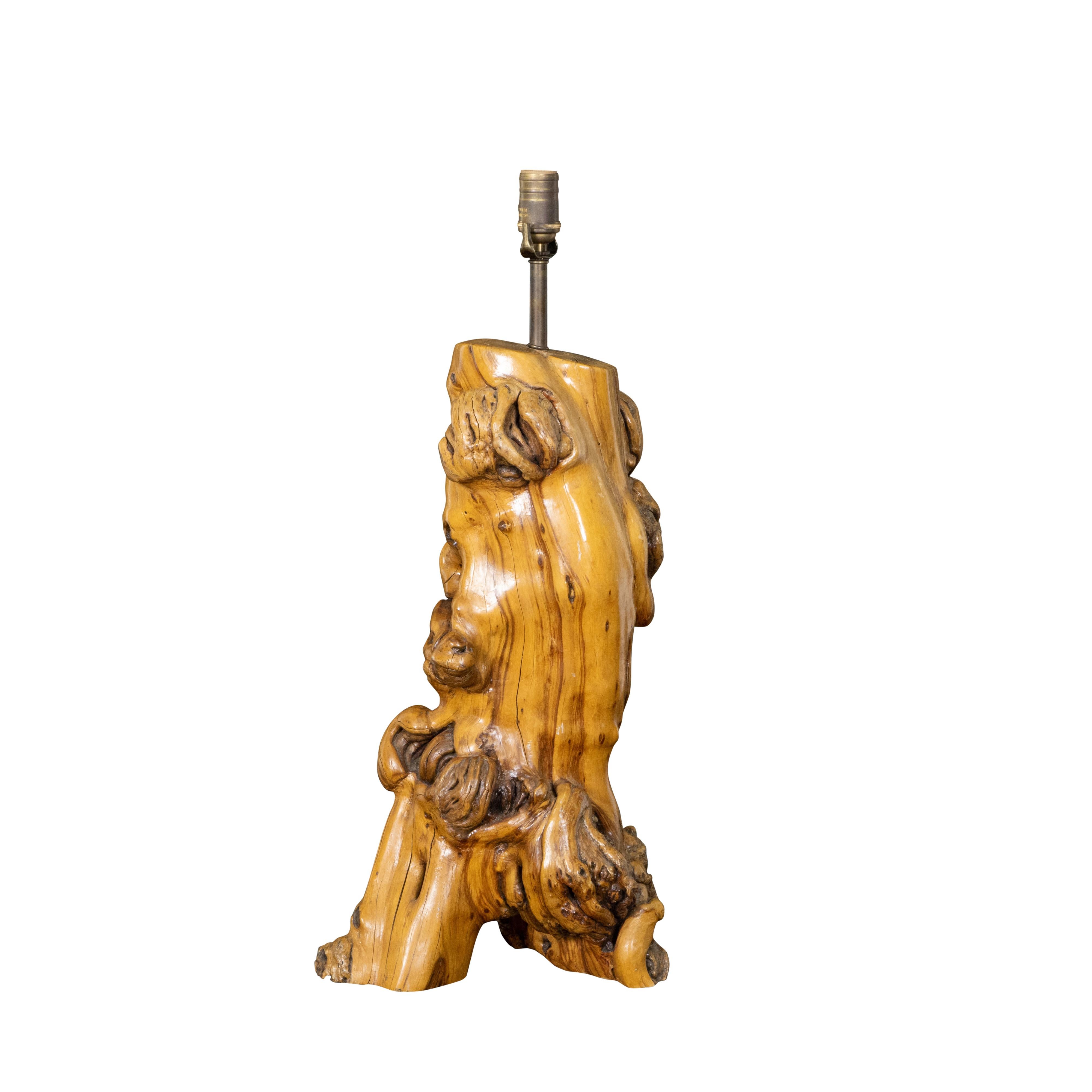 An American driftwood burl table lamp from the Mid-20th Century with single socket and rustic character. Crafted in the USA during the second quarter of the 20th century, this table lamp charms us with its burl wood structure and great rustic