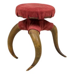 Rustic American Victorian Three Legged Horn and Burgundy Suede Footstool