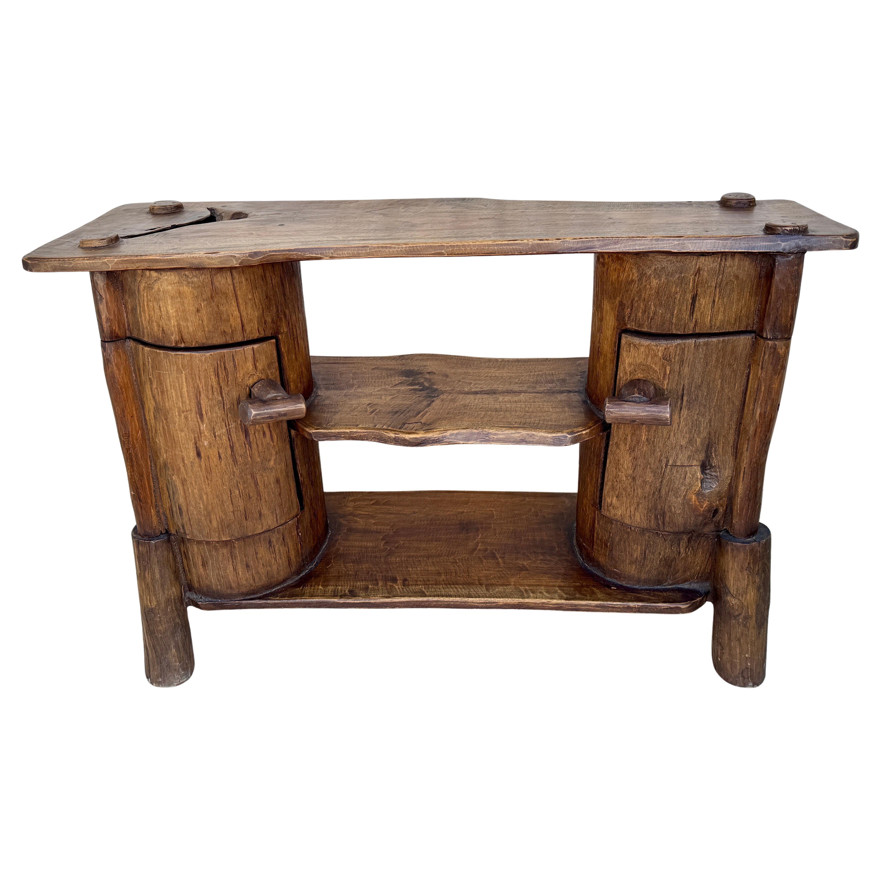 Rustic and Organic Carved Wood Console Table in the Style of Noll