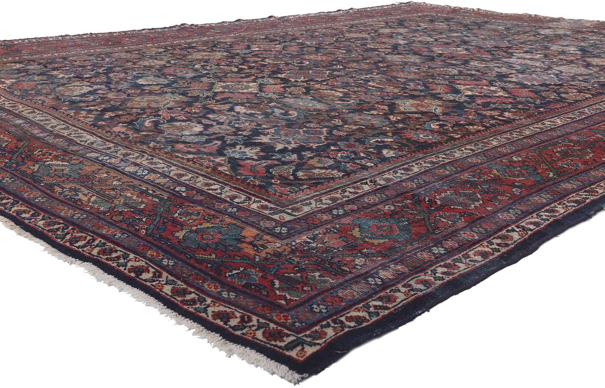78529 Antique Persian Mahal Rug, 10'04 x 14'00. 
Emanating rustic sensibility and traditional style, this antique Persian Mahal rug is a captivating vision of woven beauty. The classic Herati design and refined color palette woven into this piece