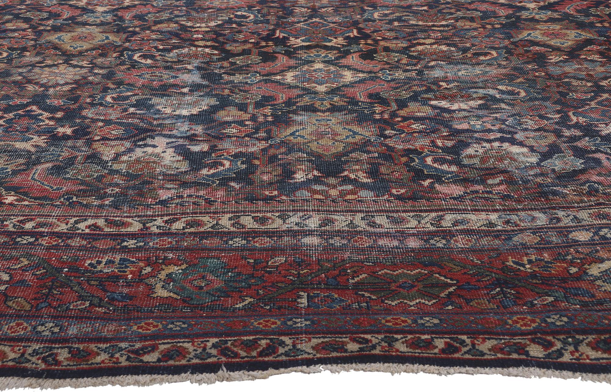 Rustic and Refined Antique Persian Mahal Rug In Distressed Condition For Sale In Dallas, TX