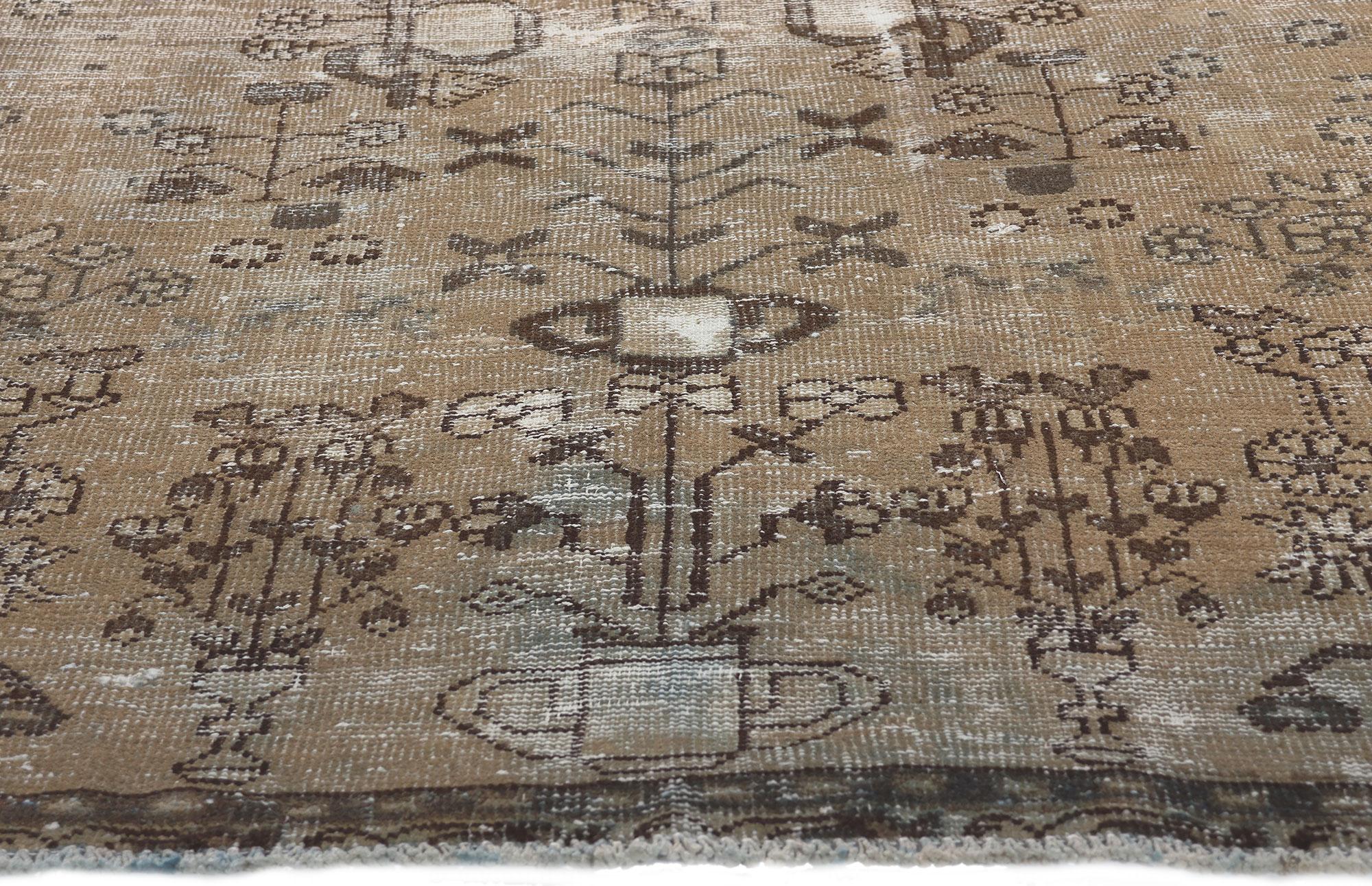 Rustic and Refined Distressed Neutral Antique Persian Rug In Distressed Condition For Sale In Dallas, TX
