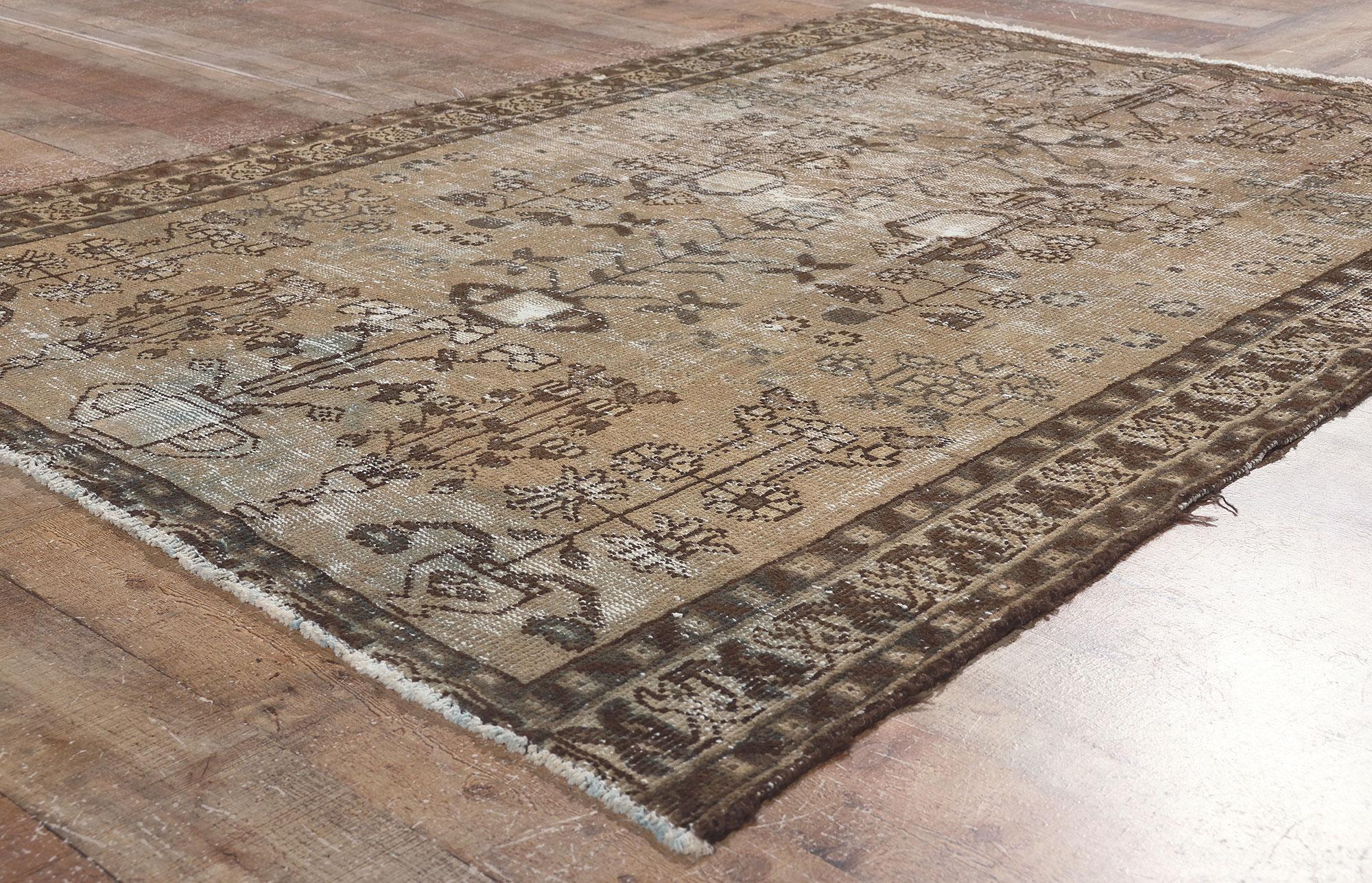 Rustic and Refined Distressed Neutral Antique Persian Rug For Sale 1