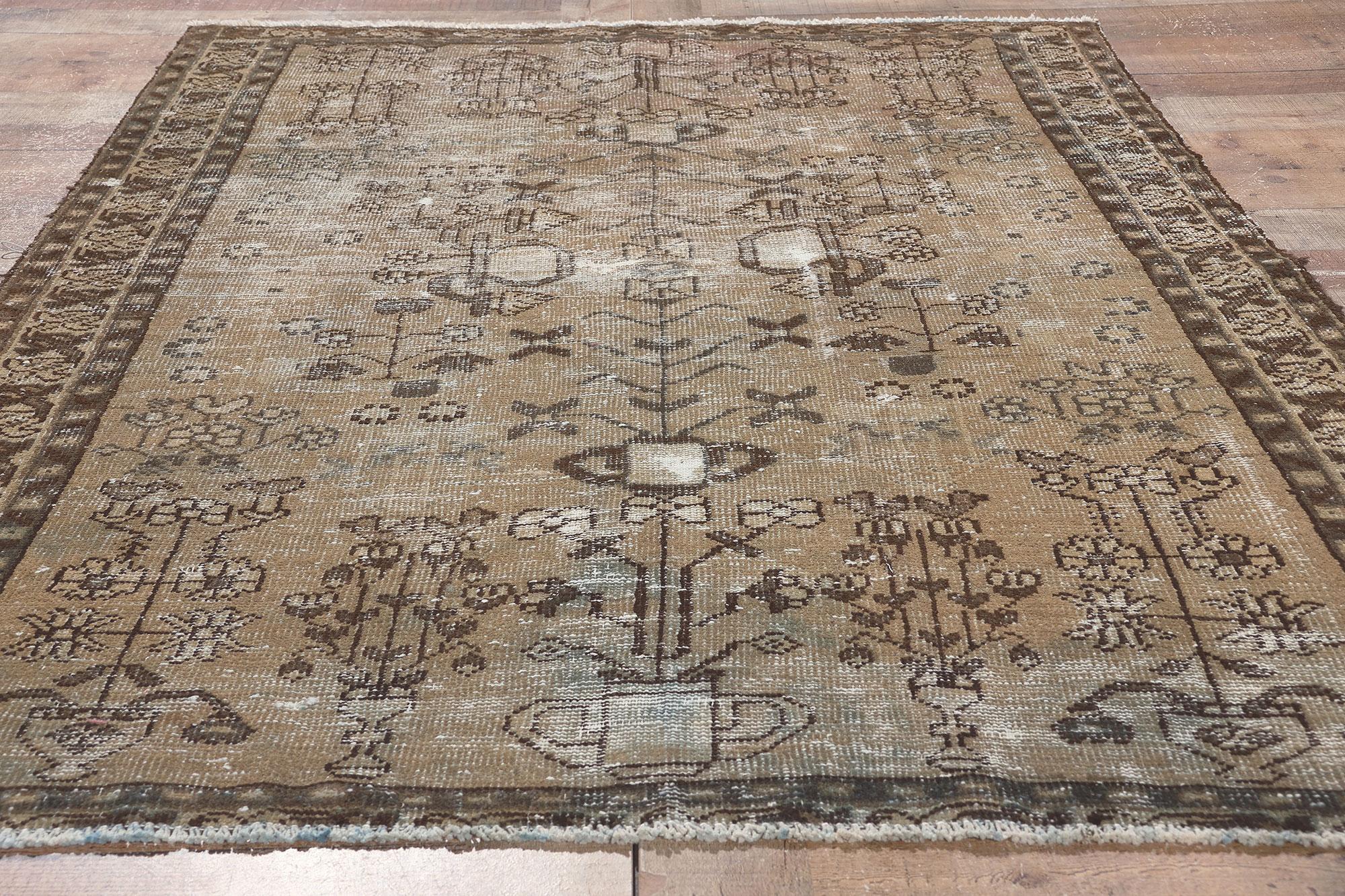 Rustic and Refined Distressed Neutral Antique Persian Rug For Sale 2