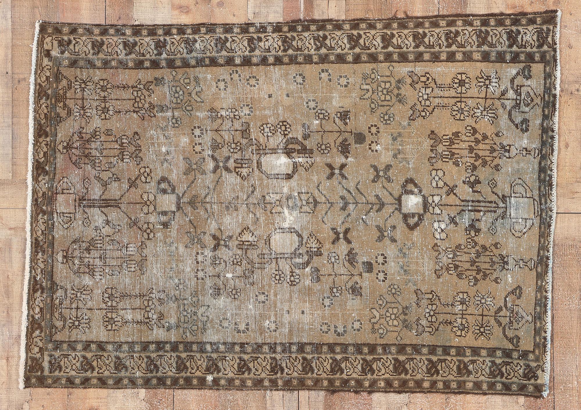 Rustic and Refined Distressed Neutral Antique Persian Rug For Sale 3