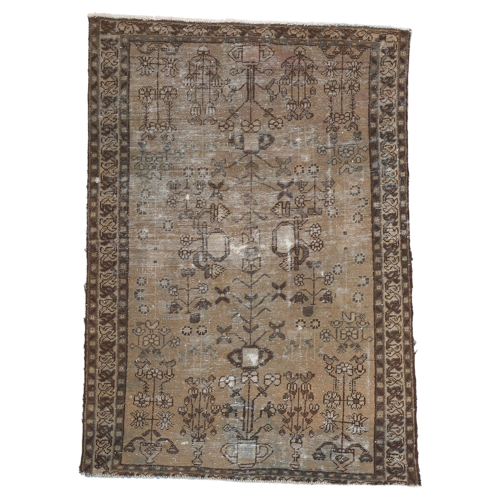 Rustic and Refined Distressed Neutral Antique Persian Rug For Sale