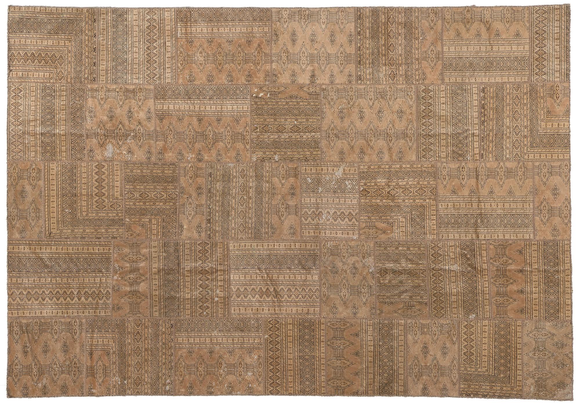 Rustic and Refined Vintage Neutral Persian Turkoman Patchwork Rug, Wool and Silk For Sale 5