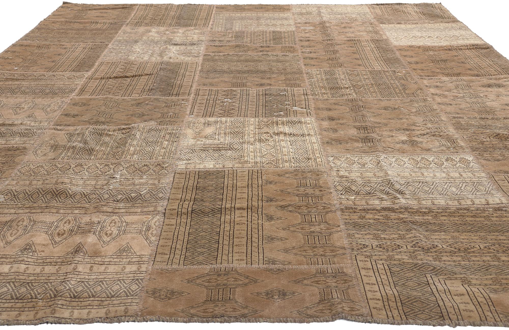 Hand-Knotted Rustic and Refined Vintage Neutral Persian Turkoman Patchwork Rug, Wool and Silk For Sale
