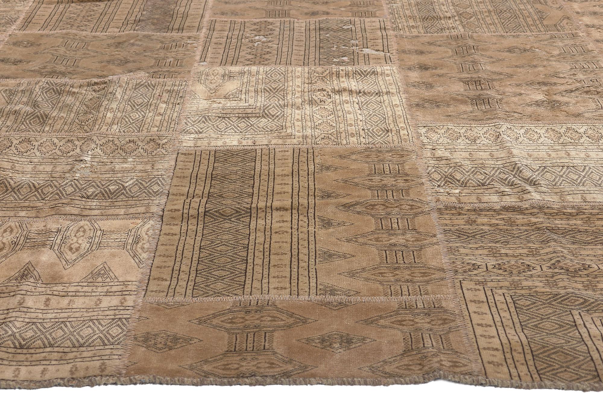 Rustic and Refined Vintage Neutral Persian Turkoman Patchwork Rug, Wool and Silk In Distressed Condition For Sale In Dallas, TX
