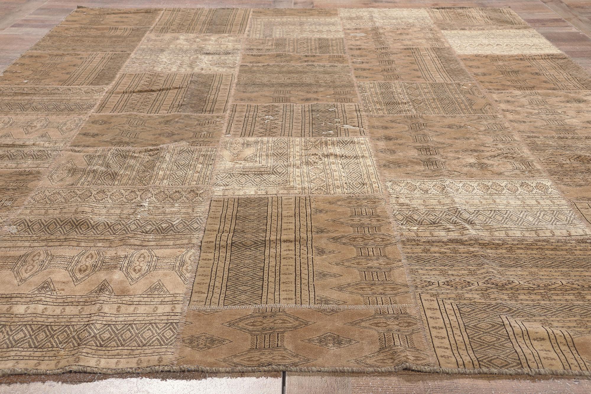 Rustic and Refined Vintage Neutral Persian Turkoman Patchwork Rug, Wool and Silk For Sale 3