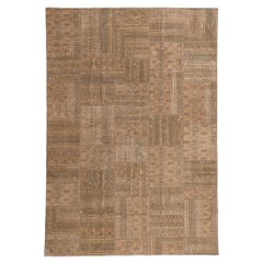 Rustic and Refined Retro Neutral Persian Turkoman Patchwork Rug, Wool and Silk