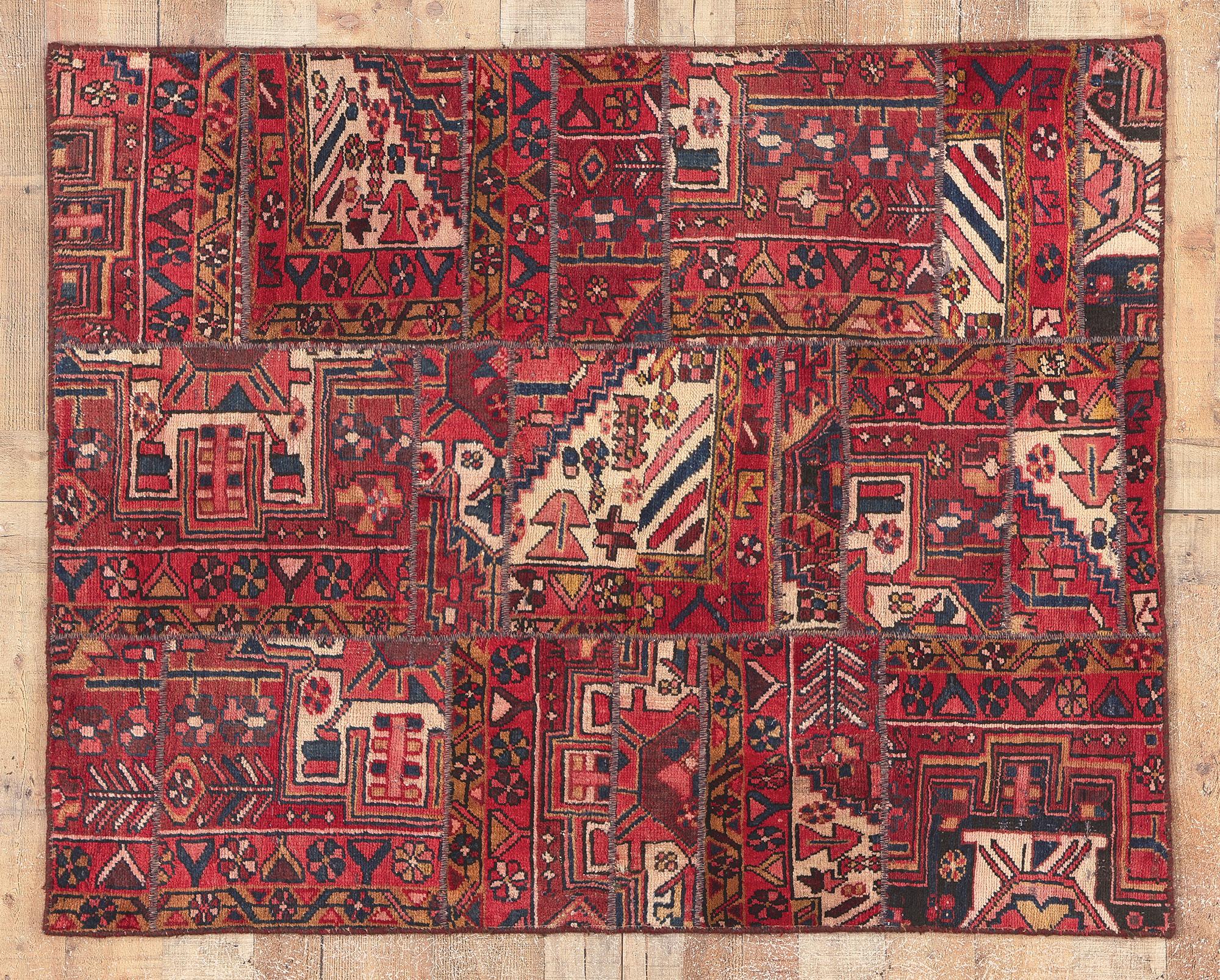 Rustic and Refined Vintage Persian Bakhtiari Patchwork Rug For Sale 3