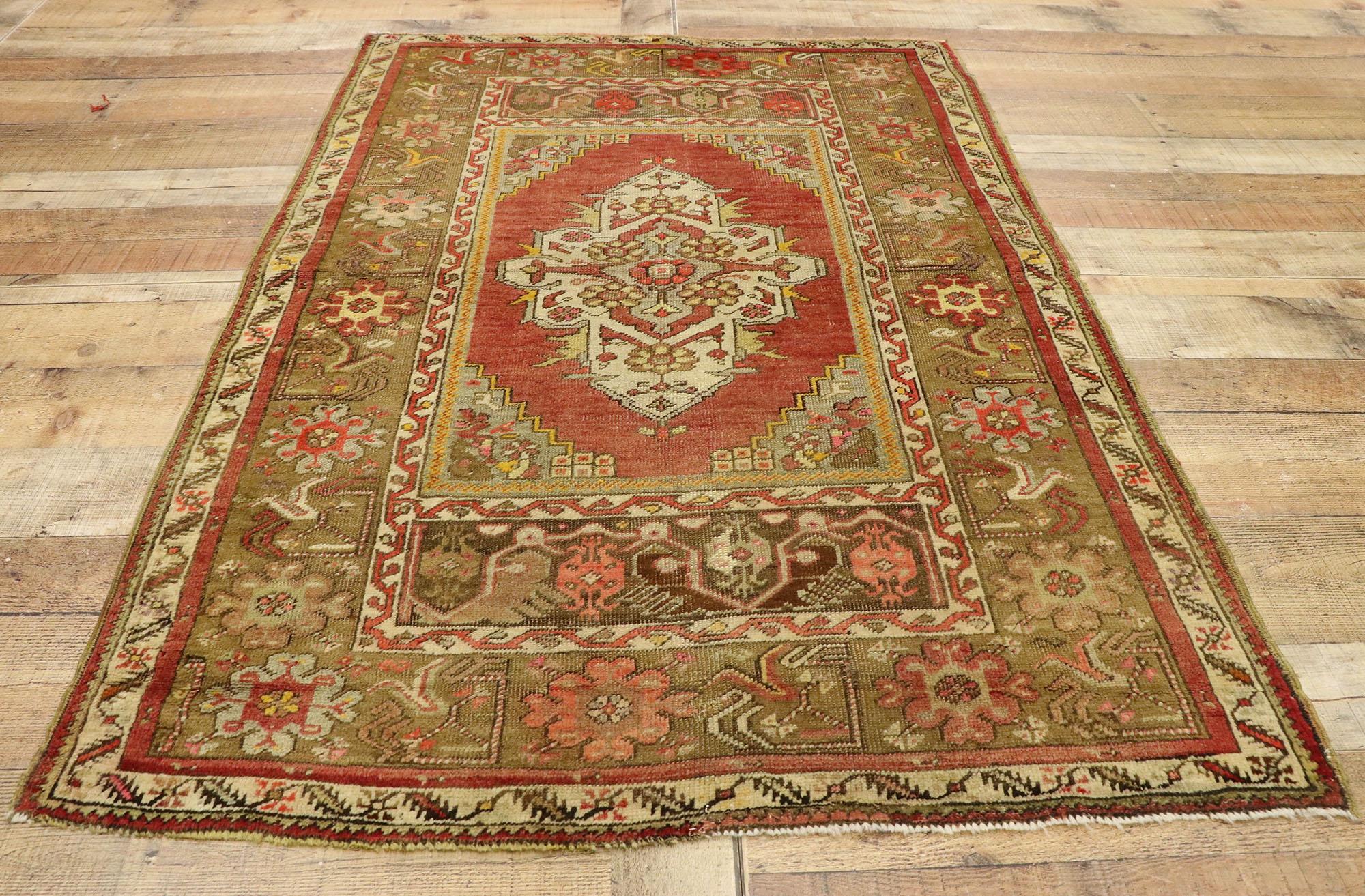 Rustic and Refined Vintage Turkish Oushak Rug For Sale 1