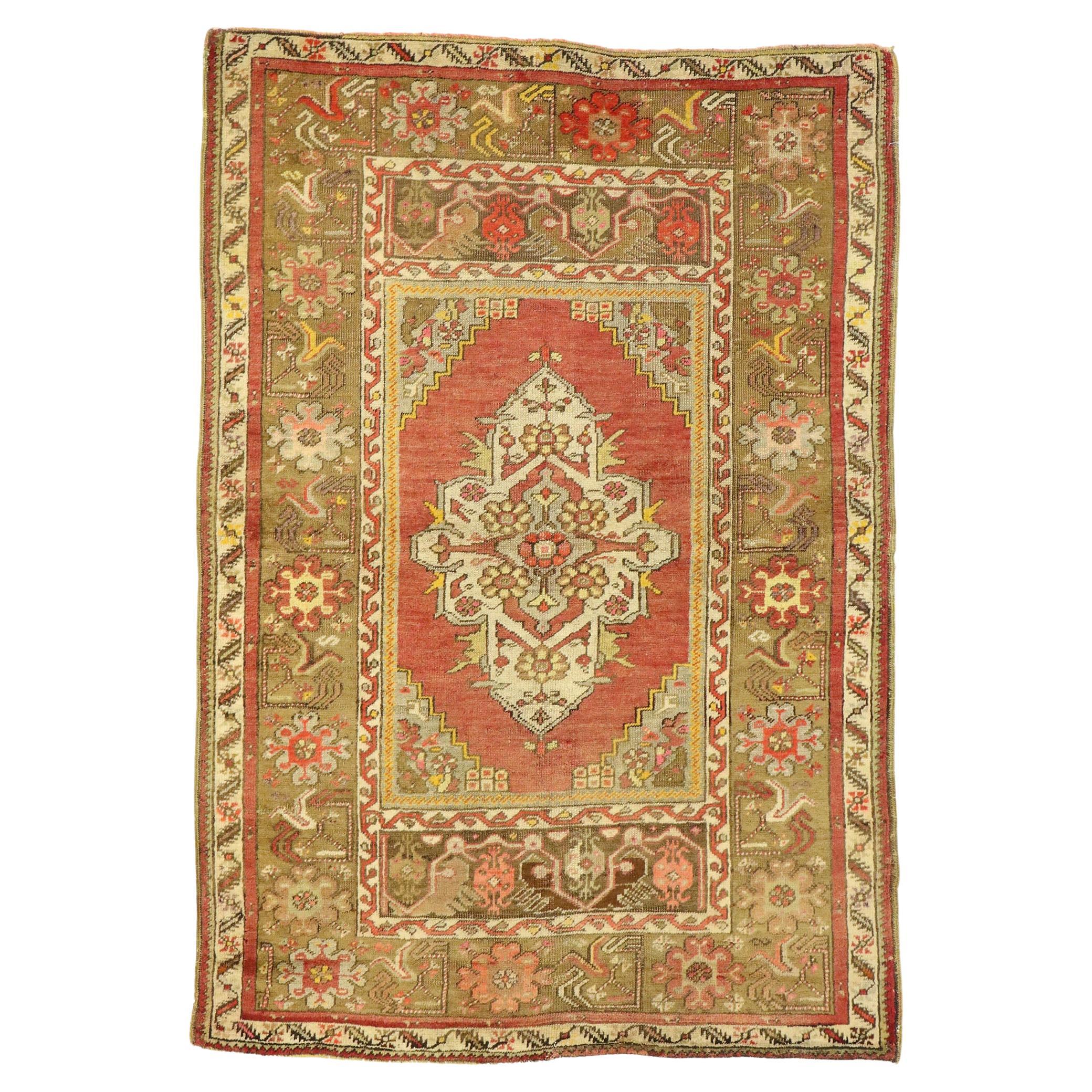 Rustic and Refined Vintage Turkish Oushak Rug For Sale