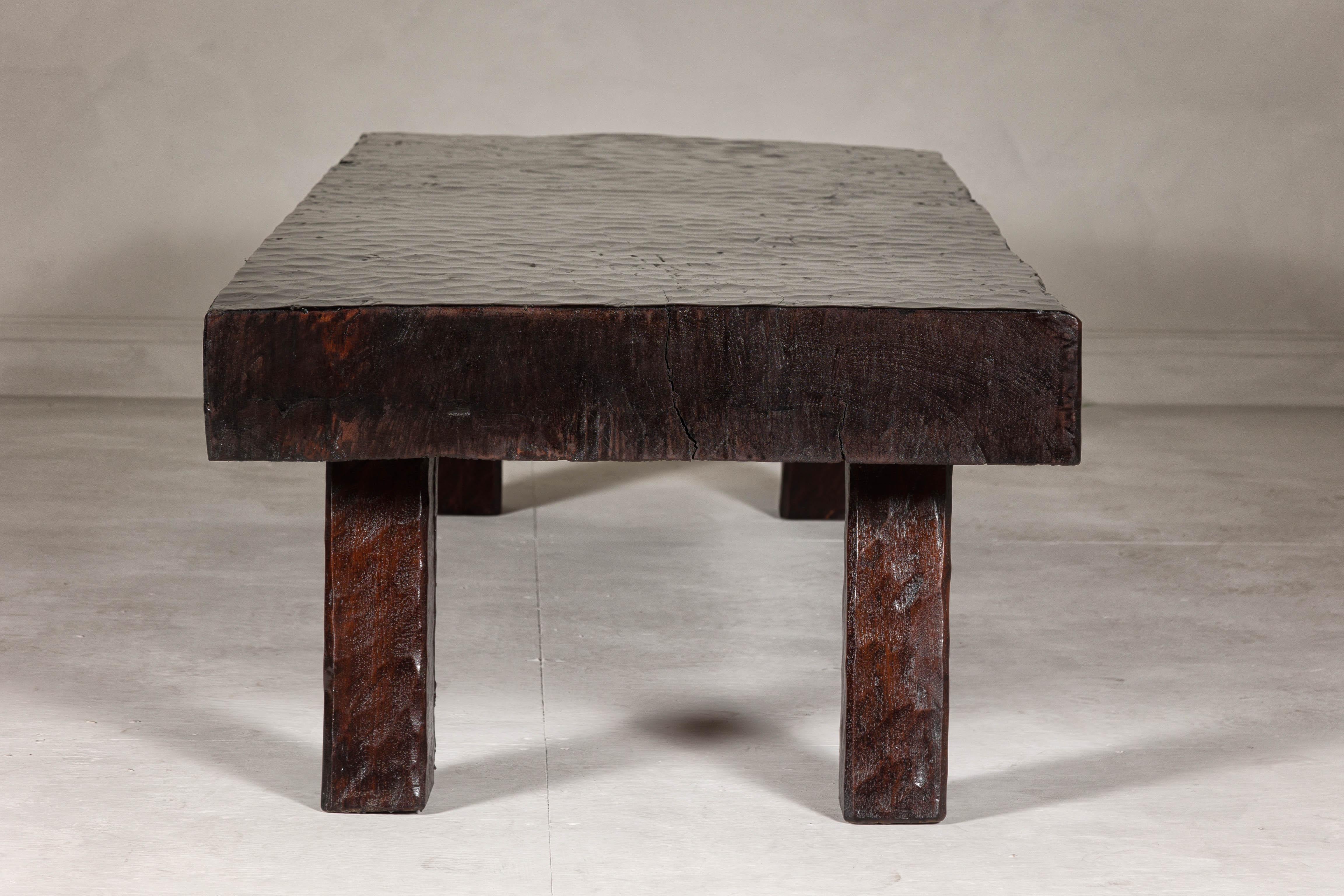 Rustic and Robust Coffee Table with Honeycomb Patterns and Dark Custom Finish For Sale 5