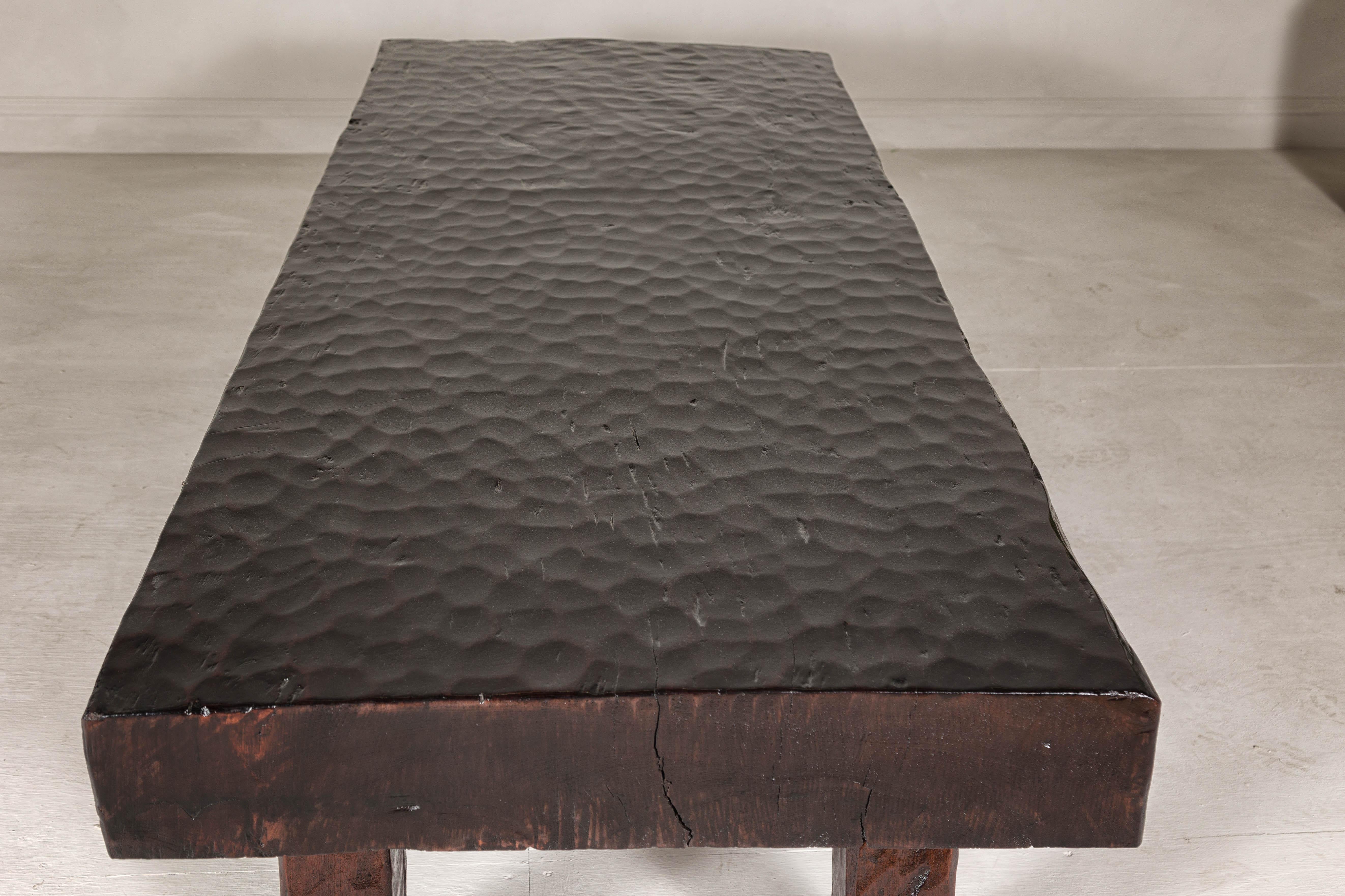 Rustic and Robust Coffee Table with Honeycomb Patterns and Dark Custom Finish For Sale 6