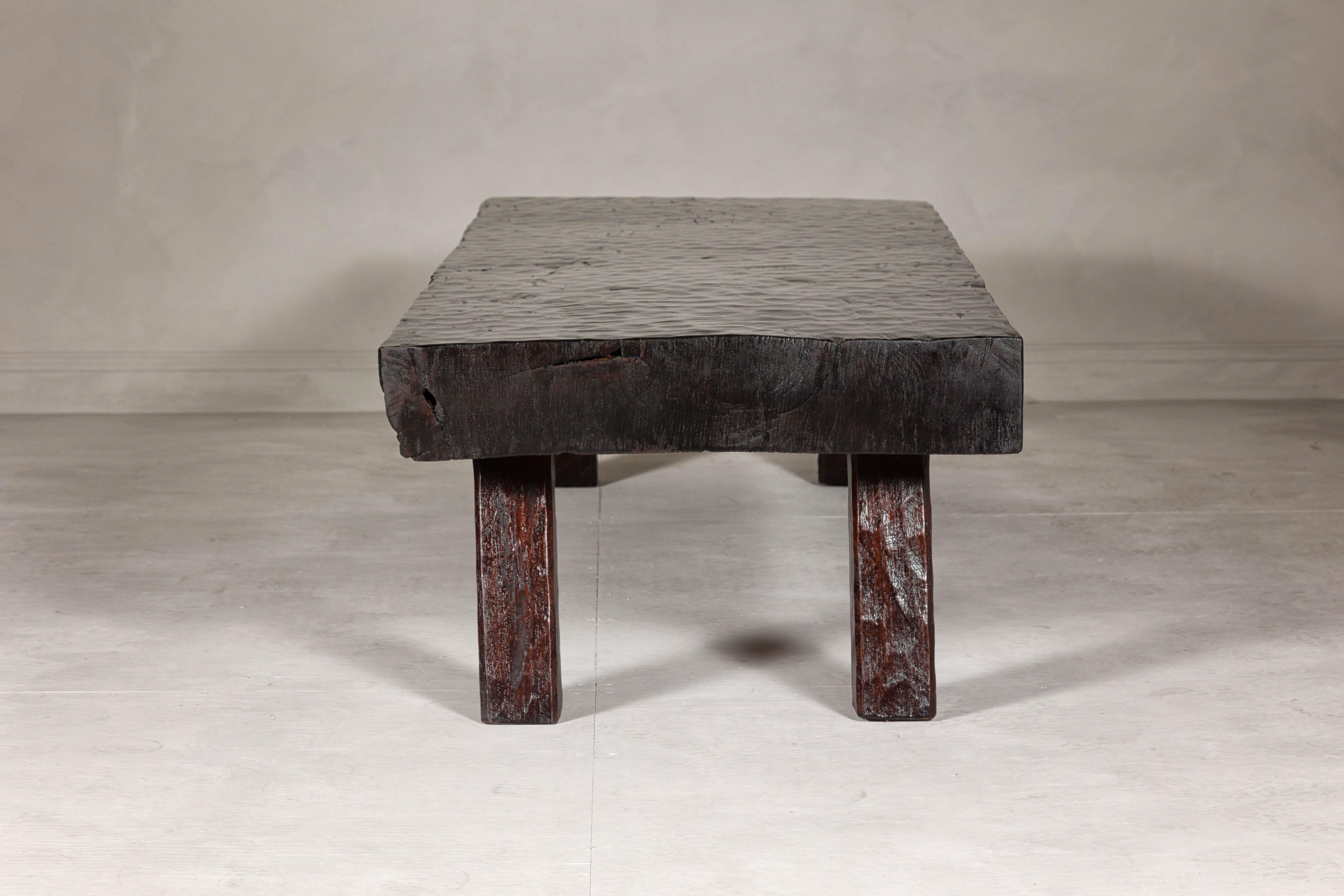 Rustic and Robust Coffee Table with Honeycomb Patterns and Dark Custom Finish For Sale 8