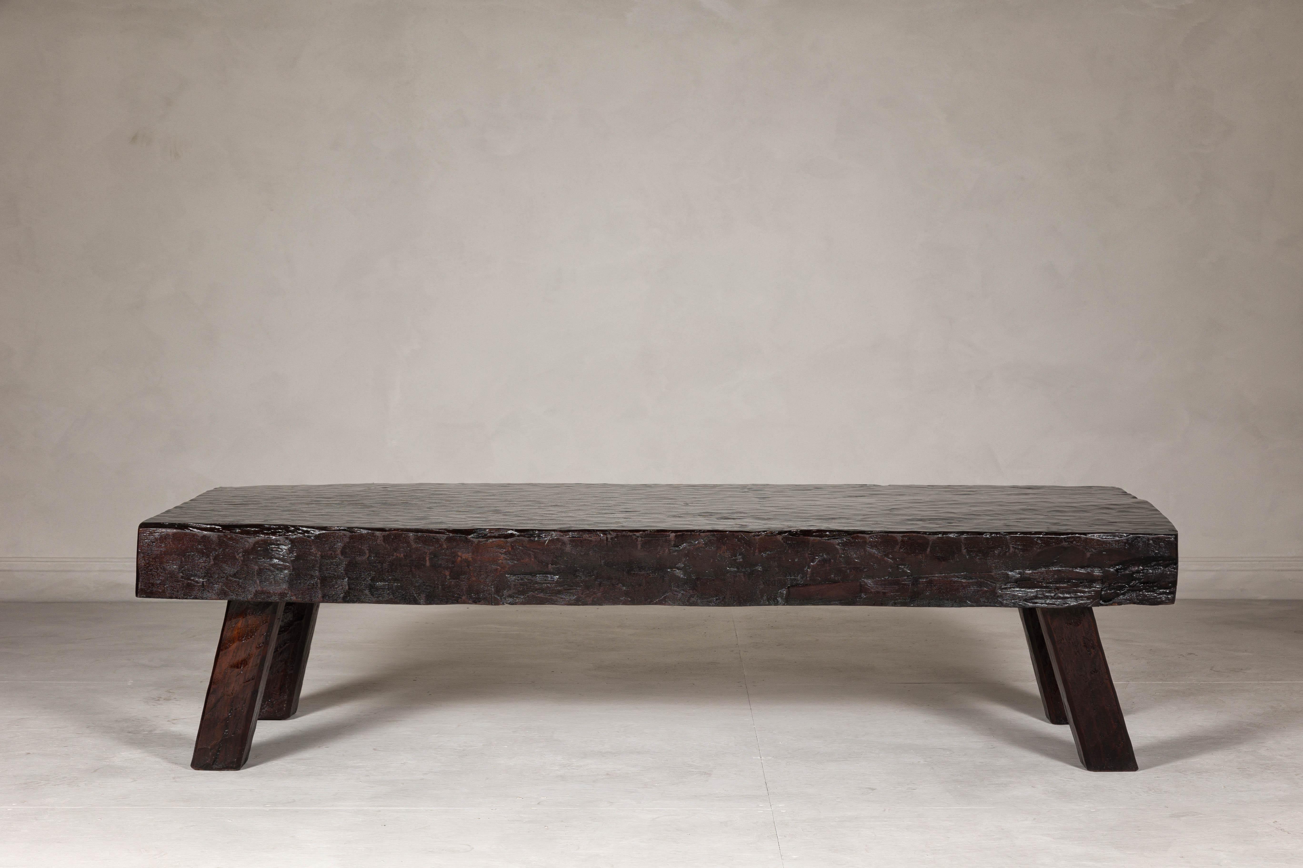 Indonesian Rustic and Robust Coffee Table with Honeycomb Patterns and Dark Custom Finish For Sale