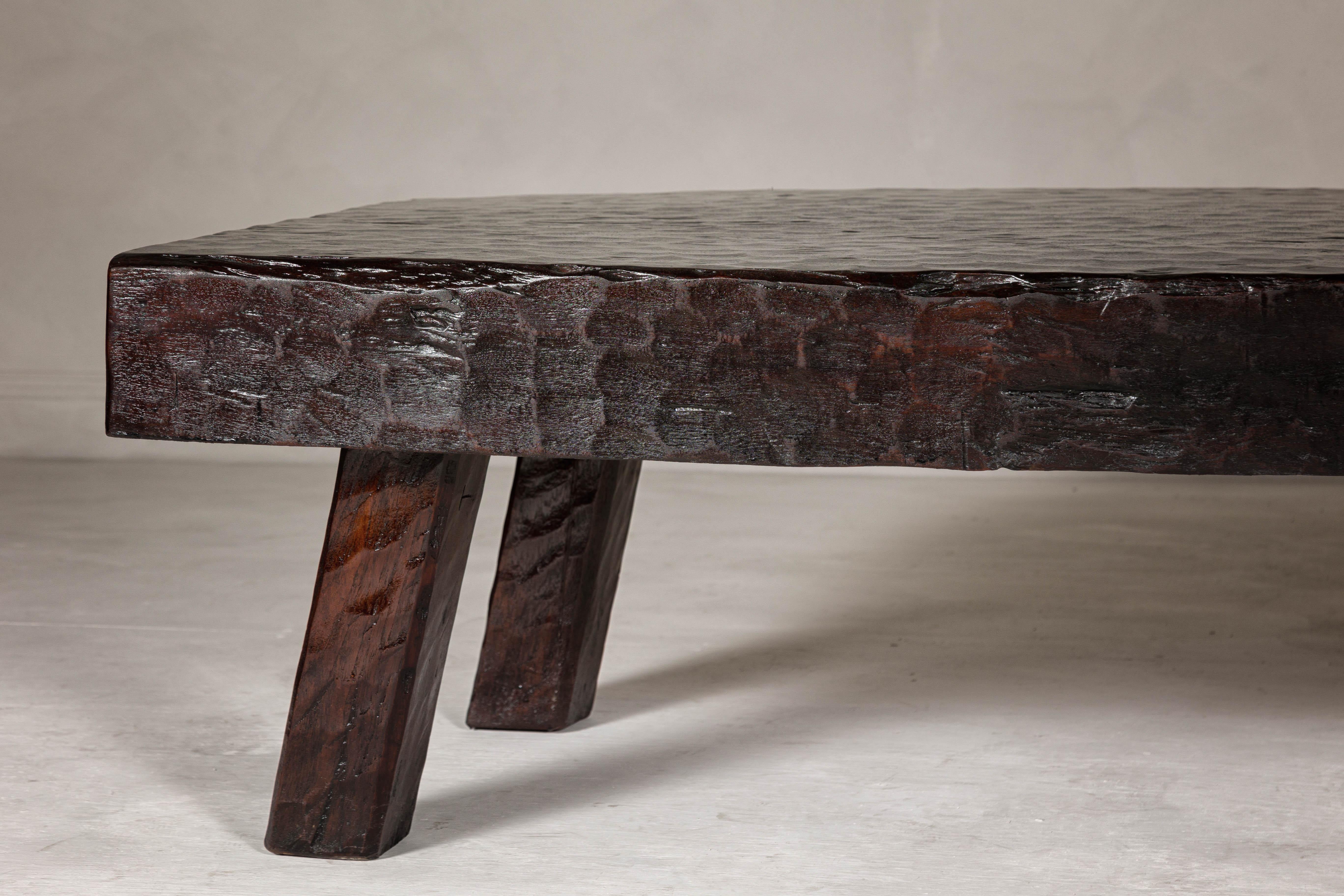20th Century Rustic and Robust Coffee Table with Honeycomb Patterns and Dark Custom Finish For Sale