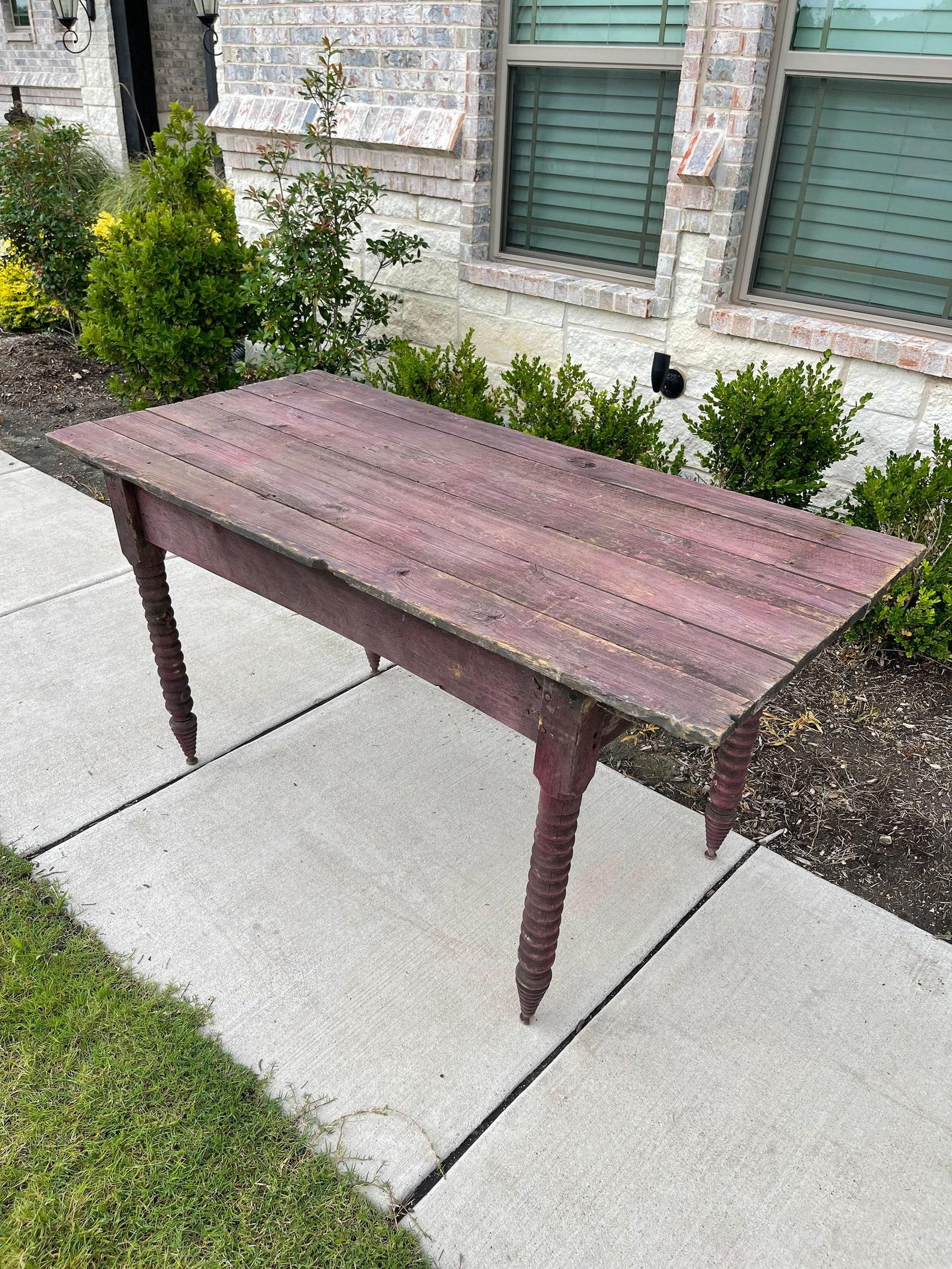 A one-of-a-kind rustic antique American country work table in original plum - wine paint finish with heavily worn distressed patina!

Full of antique character and unique folky charm, featuring primitve hand-crafted farmhouse craftsmanship and