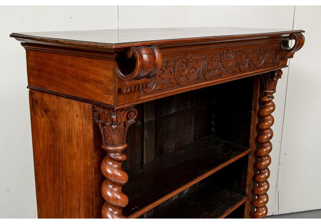 Rustic Antique Carved Barley Twist Mahogany Bookcase In Good Condition In Bridgeport, CT