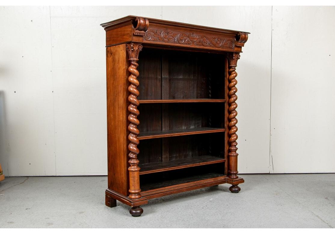 19th Century Rustic Antique Carved Barley Twist Mahogany Bookcase