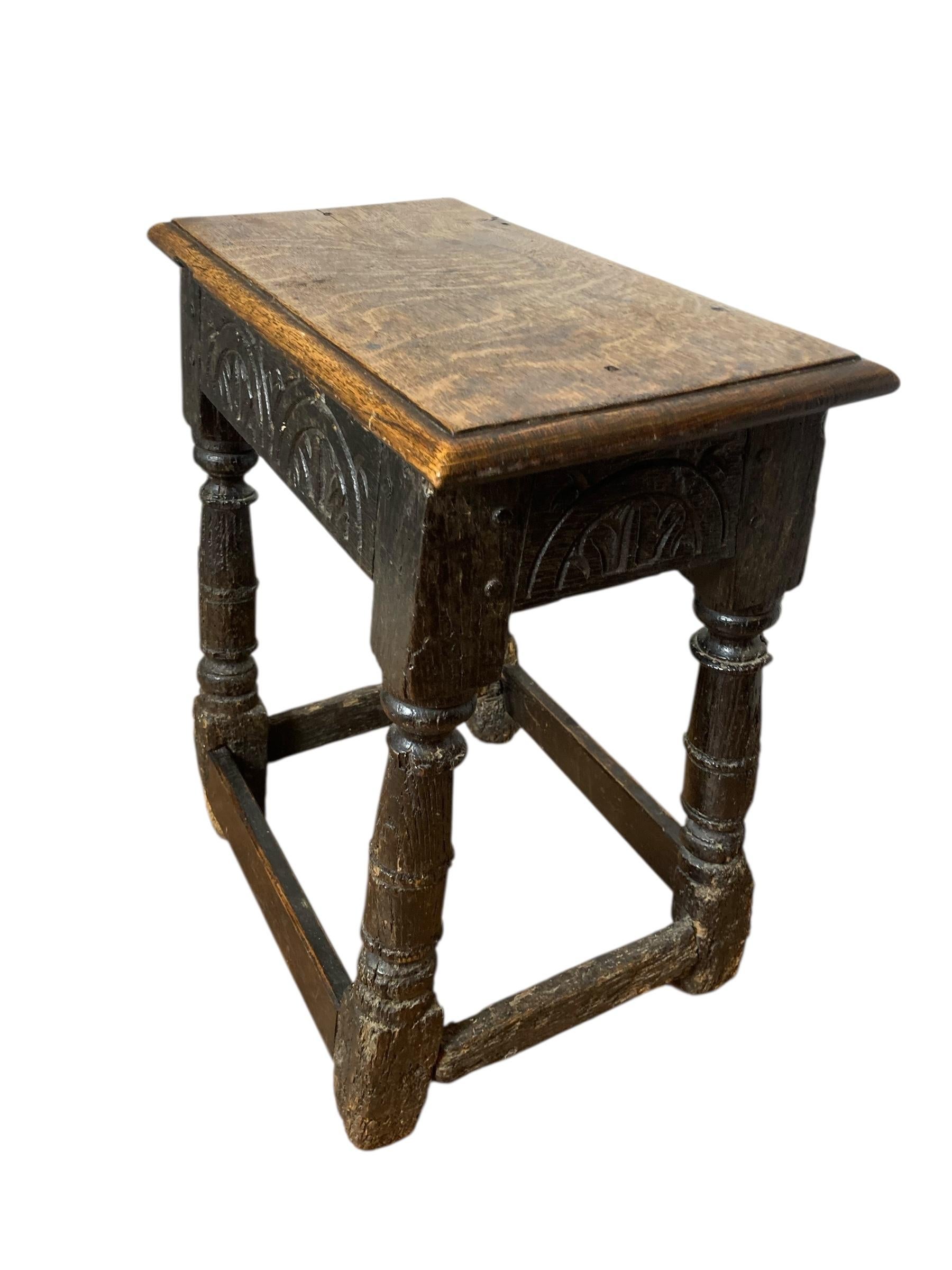 Hand-Crafted Rustic Antique Carved Oak Joined Stool 17th Century Charles II For Sale