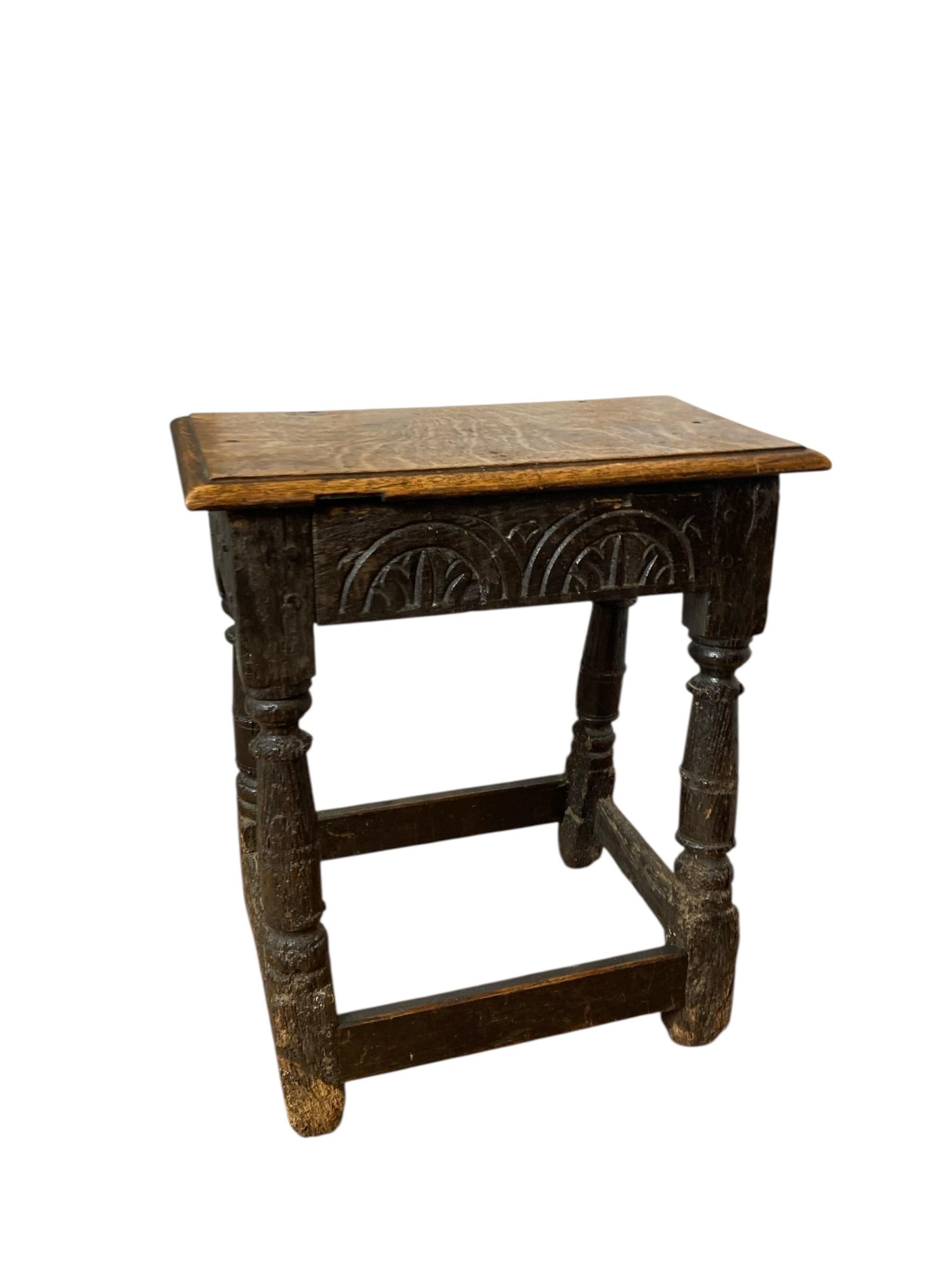 Rustic Antique Carved Oak Joined Stool 17th Century Charles II In Good Condition For Sale In Bishop's Stortford, GB