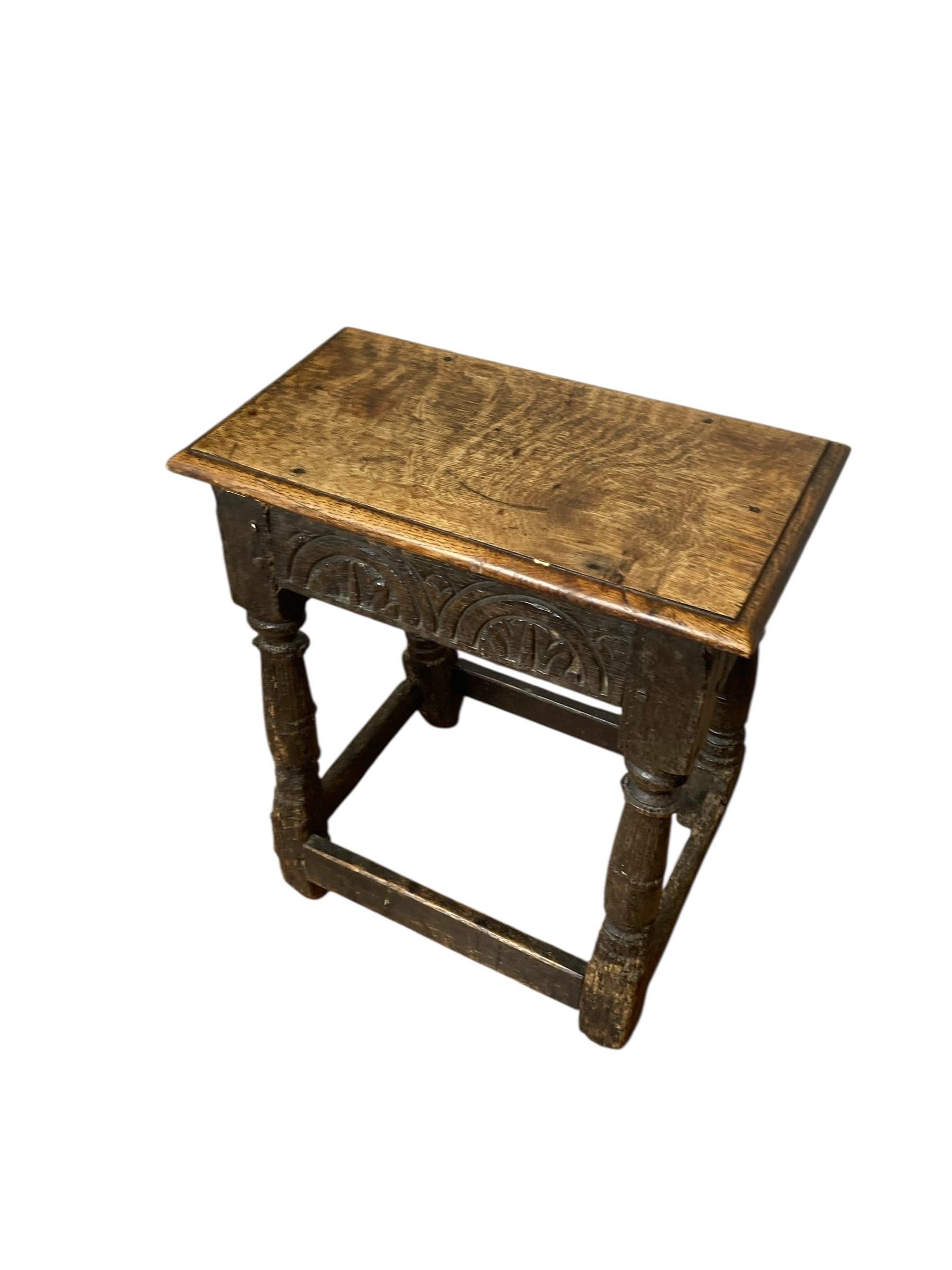 Rustic Antique Carved Oak Joined Stool 17th Century Charles II For Sale 1