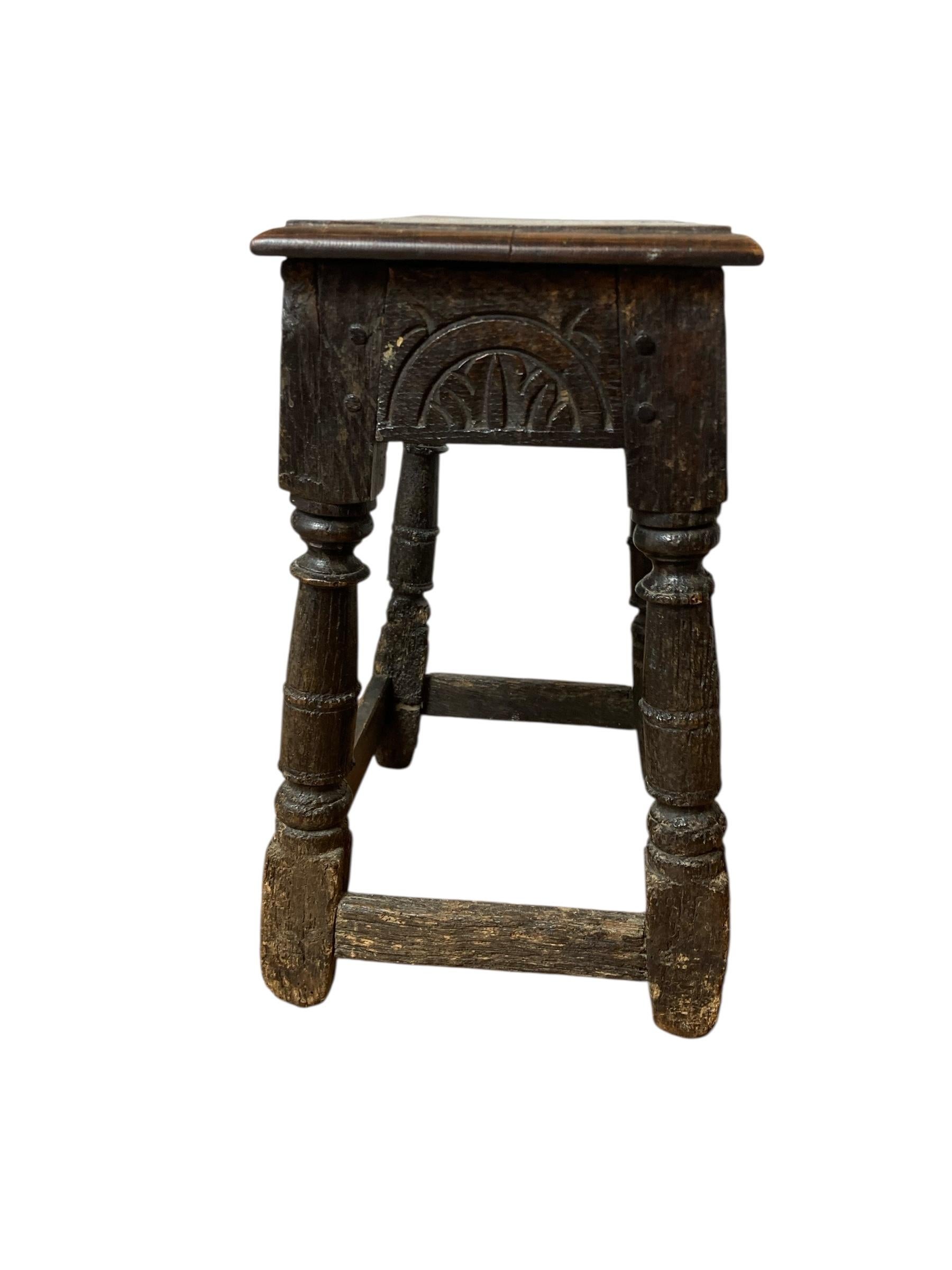 Rustic Antique Carved Oak Joined Stool 17th Century Charles II For Sale 2