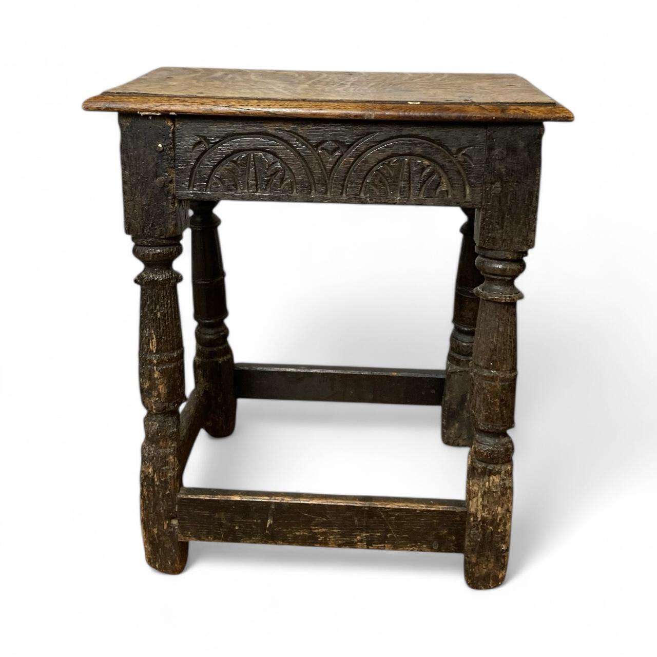 Rustic Antique Carved Oak Joined Stool 17th Century Charles II For Sale 4