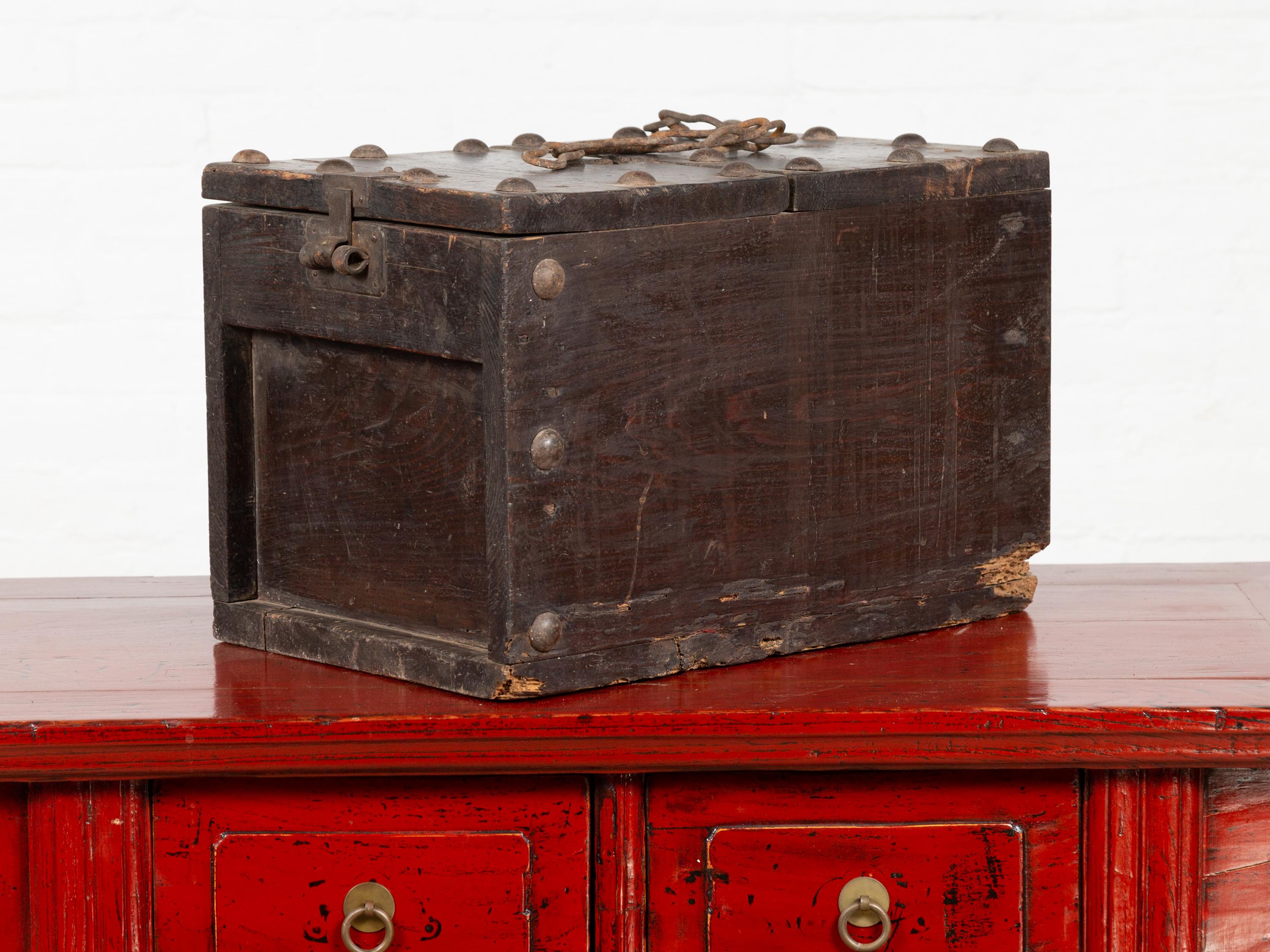 Rustic Antique Chinese Wooden Cash Box with Removable Top, Studs and Chain For Sale 2