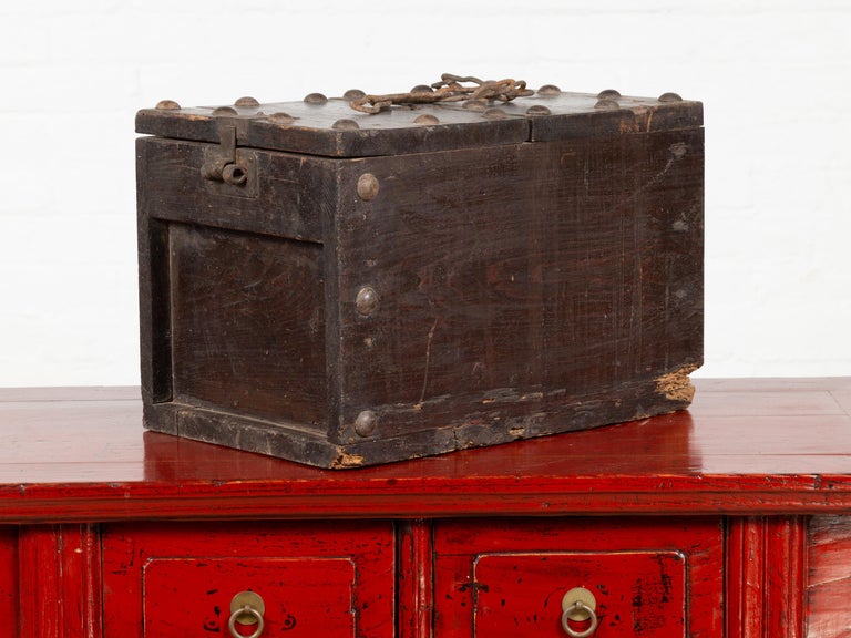 Rustic Antique Chinese Wooden Cash Box with Removable Top, Studs and Chain For Sale 5