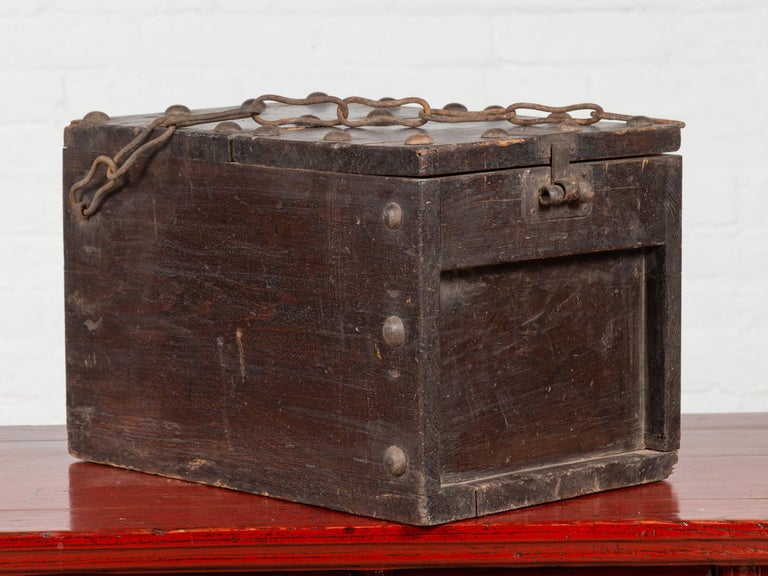 Rustic Antique Chinese Wooden Cash Box with Removable Top, Studs and Chain In Distressed Condition For Sale In Yonkers, NY