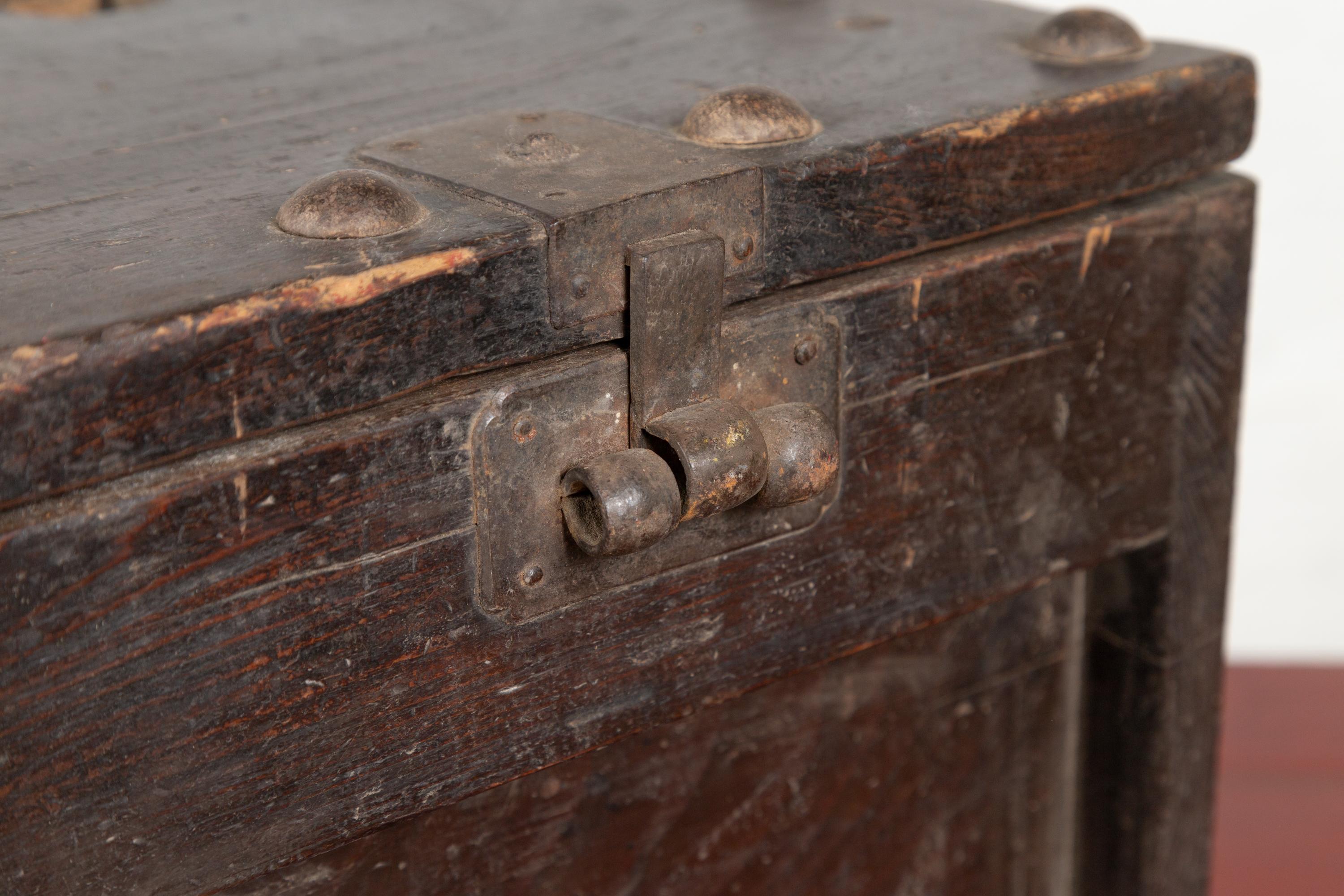 20th Century Rustic Antique Chinese Wooden Cash Box with Removable Top, Studs and Chain For Sale