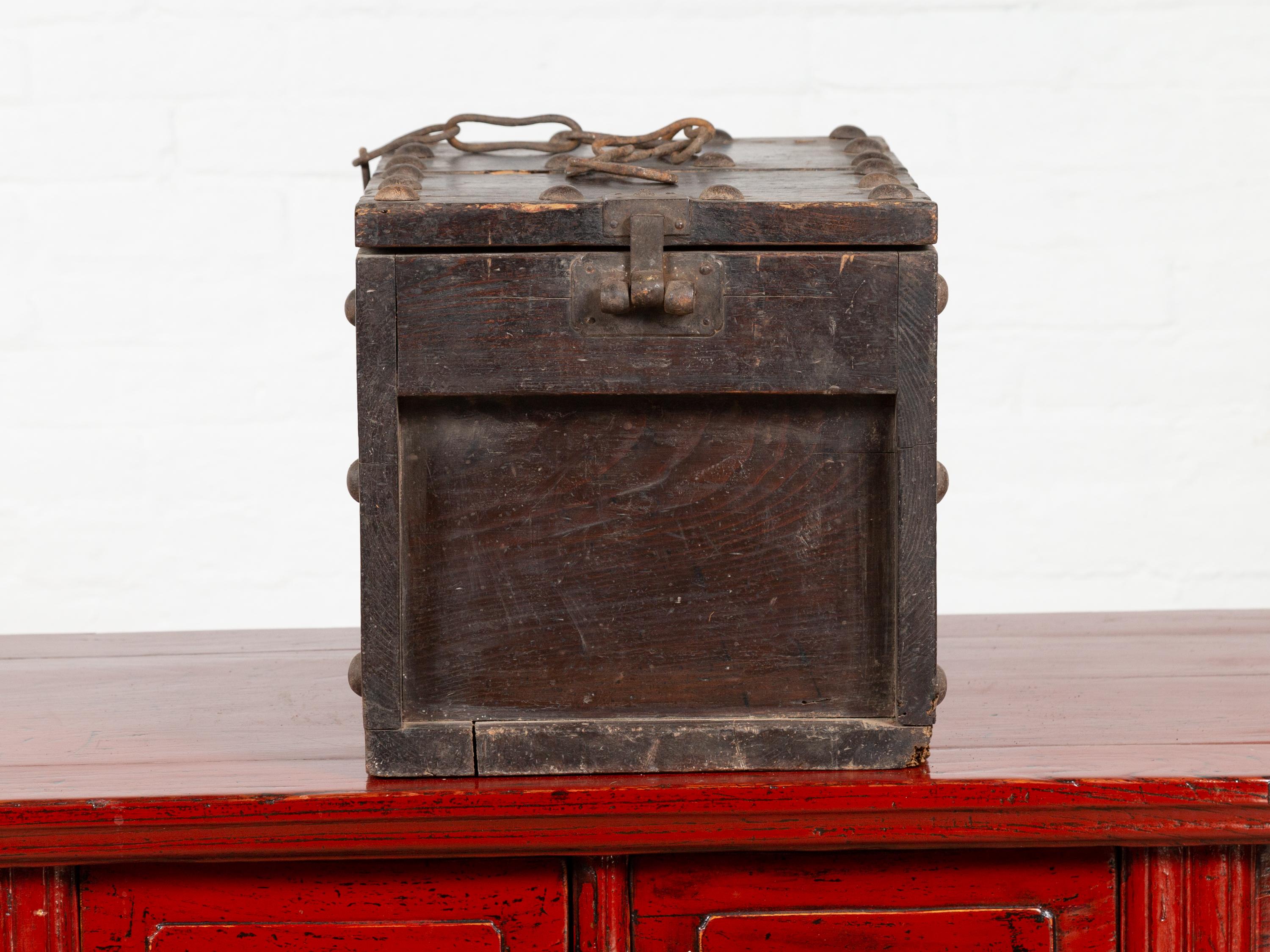 Rustic Antique Chinese Wooden Cash Box with Removable Top, Studs and Chain For Sale 1