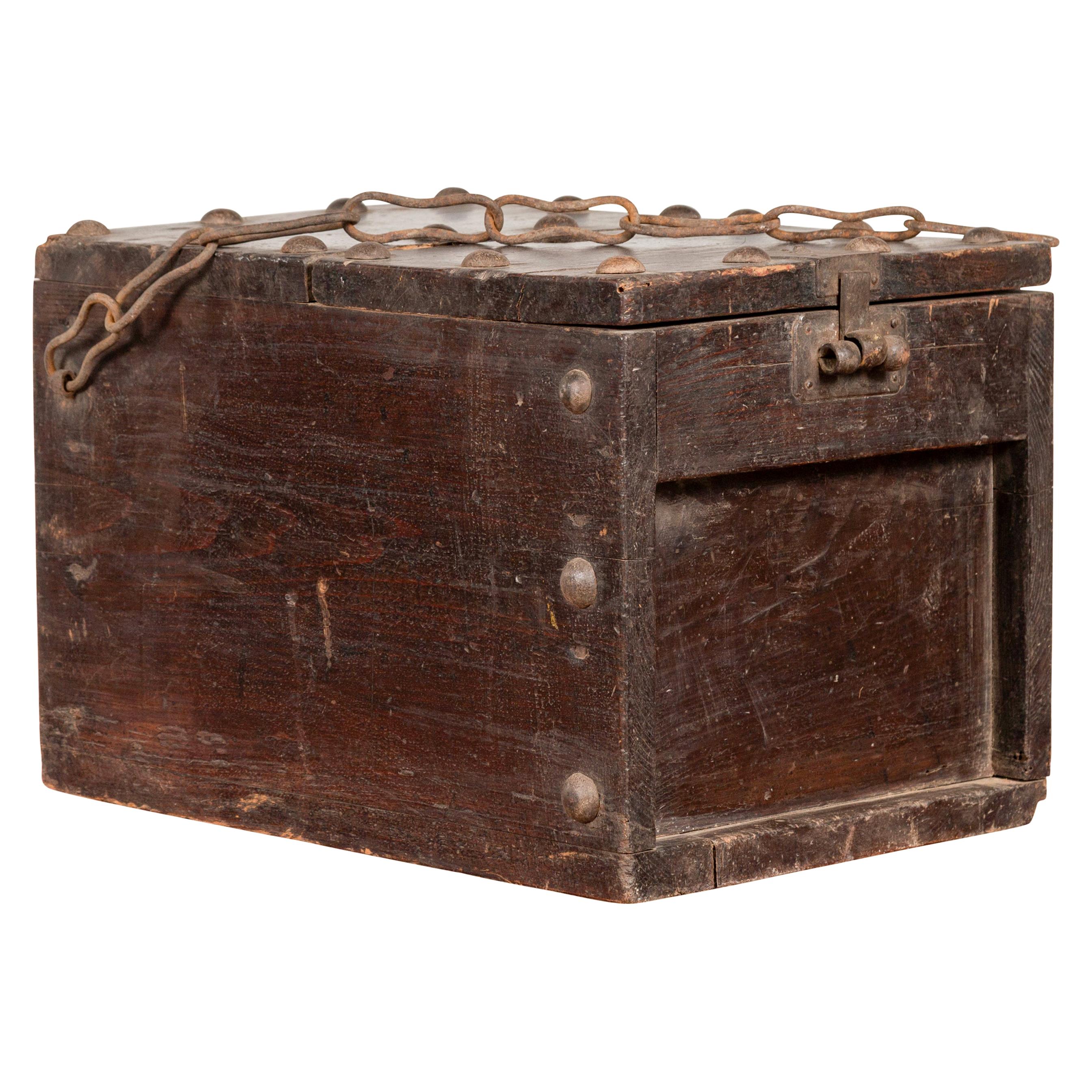 Rustic Antique Chinese Wooden Cash Box with Removable Top, Studs and Chain