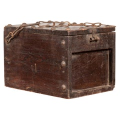 Rustic Used Chinese Wooden Cash Box with Removable Top, Studs and Chain