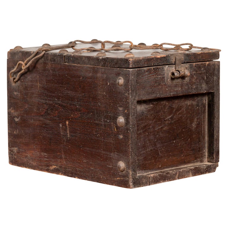 Rustic Antique Chinese Wooden Cash Box with Removable Top, Studs and Chain For Sale