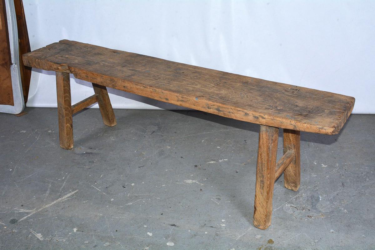 Heavy plank top rustic, country style elm wood bench made from solid wood can be used as coffee table or dining table seating. Perfect for mud room or country entry hallway. Can be used indoor or outdoor, patio, garden for porch seating.