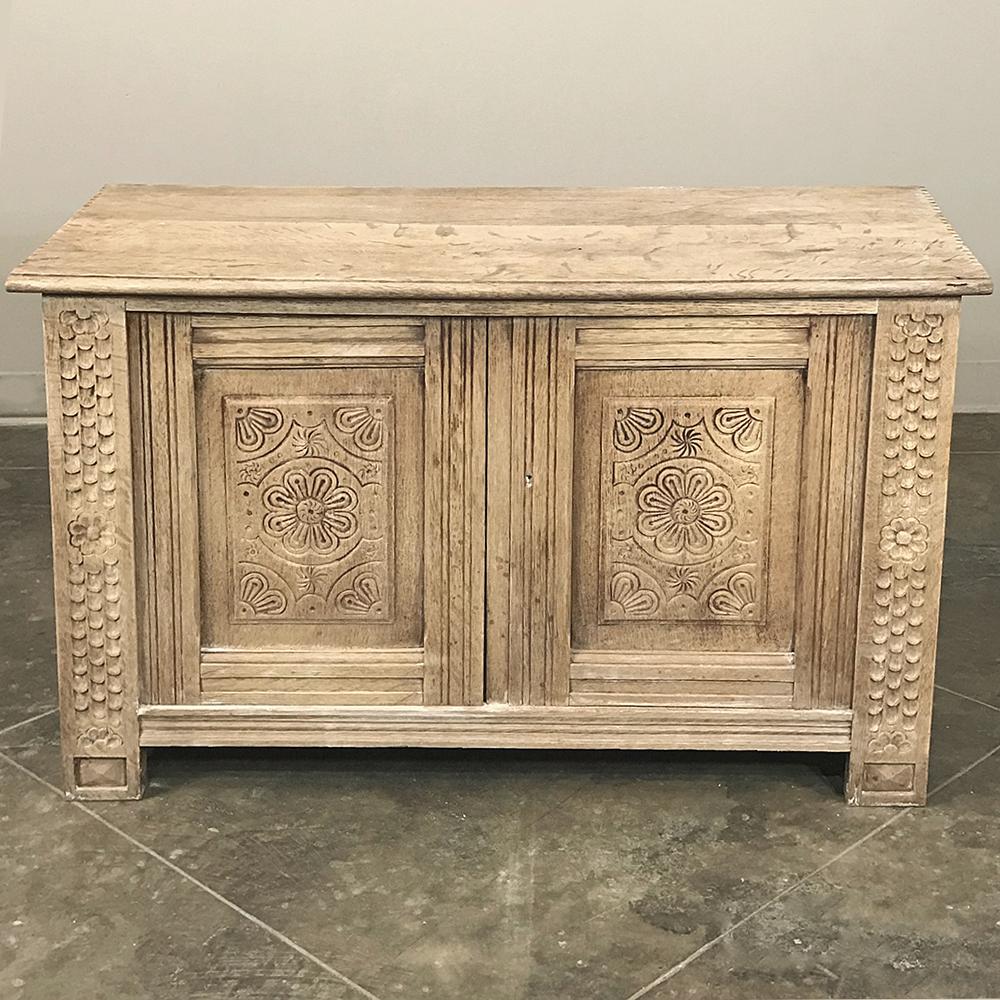 Ideal as an antique coffee table, at the foot of the bed, or as an antique bench, this Rustic antique country French stripped oak low buffet ~ trunk was handcrafted from solid old-growth quarter-sawn oak to last for generations! Wonderfully charming