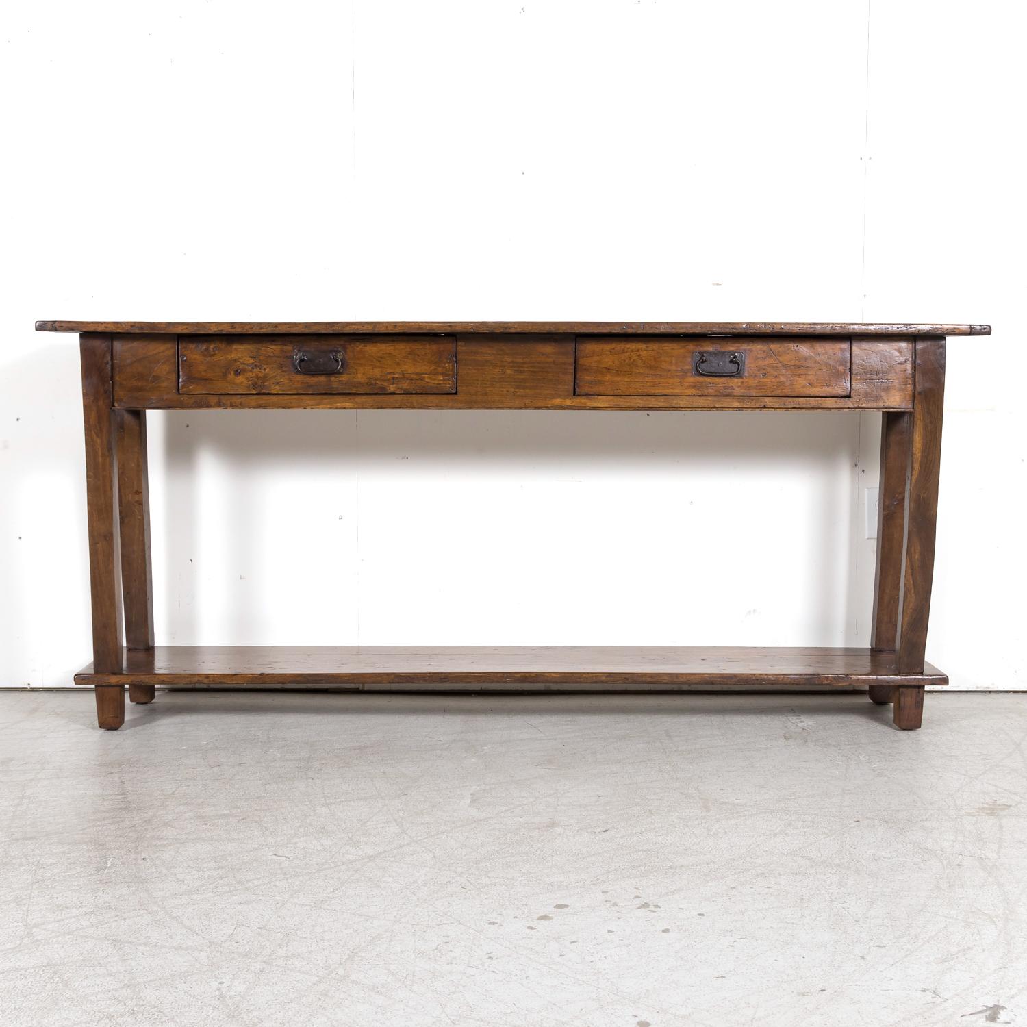 Rustic Antique Country French Walnut and Oak Console or Sofa Table with Drawers In Good Condition In Birmingham, AL