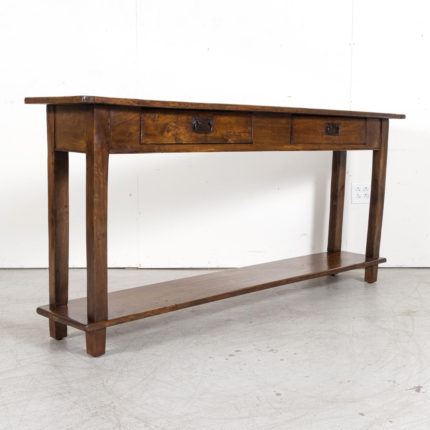 19th Century Rustic Antique Country French Walnut and Oak Console or Sofa Table with Drawers