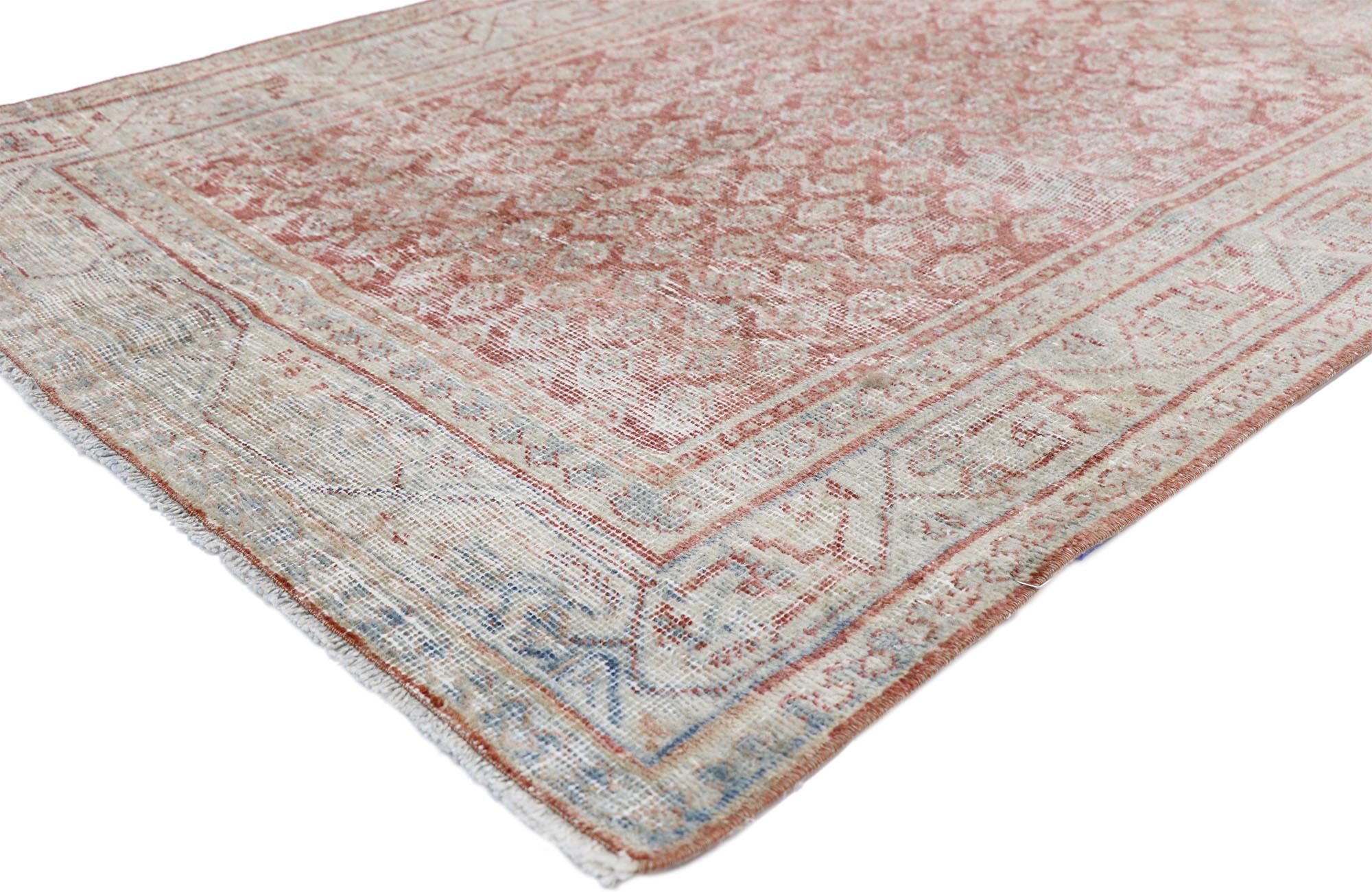 52555 Rustic Antique Persian Mahal Rug, 03'04 x 10'02.
Weathered beauty meets timeless appeal in this hand knotted wool distressed antique Persian Mahal rug. The faded botanical design and muted colors woven into this piece work together creating a