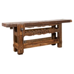 Rustic Antique French Carpenters Workbench Console Table with Wine Rack