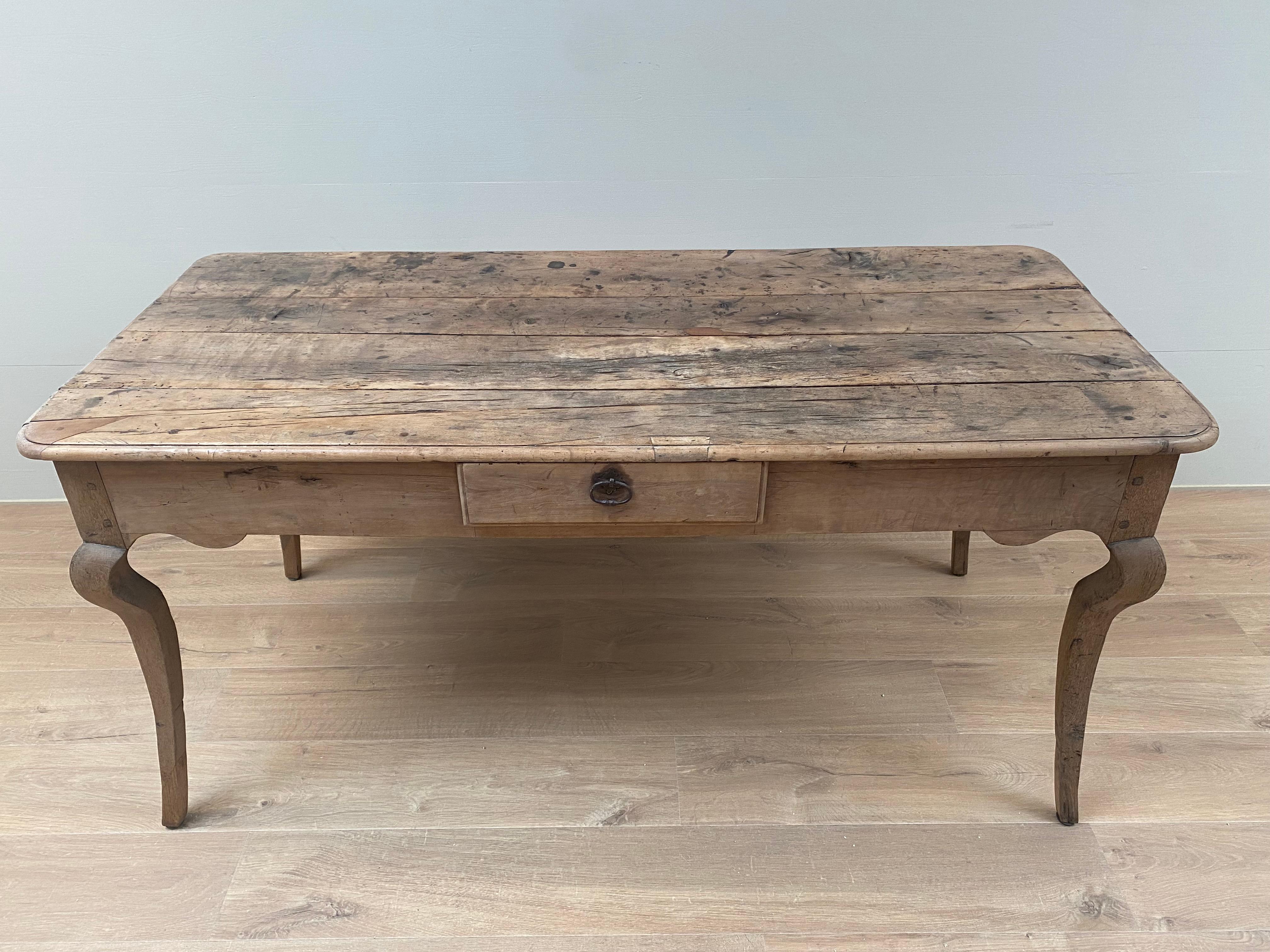 Polished Rustic Antique French Rectangular Table in Oak and Walnut