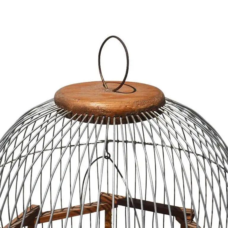 Rustic Antique French Wood and Metal Pagoda Domed Birdcage, 1900s In Good Condition For Sale In Oklahoma City, OK