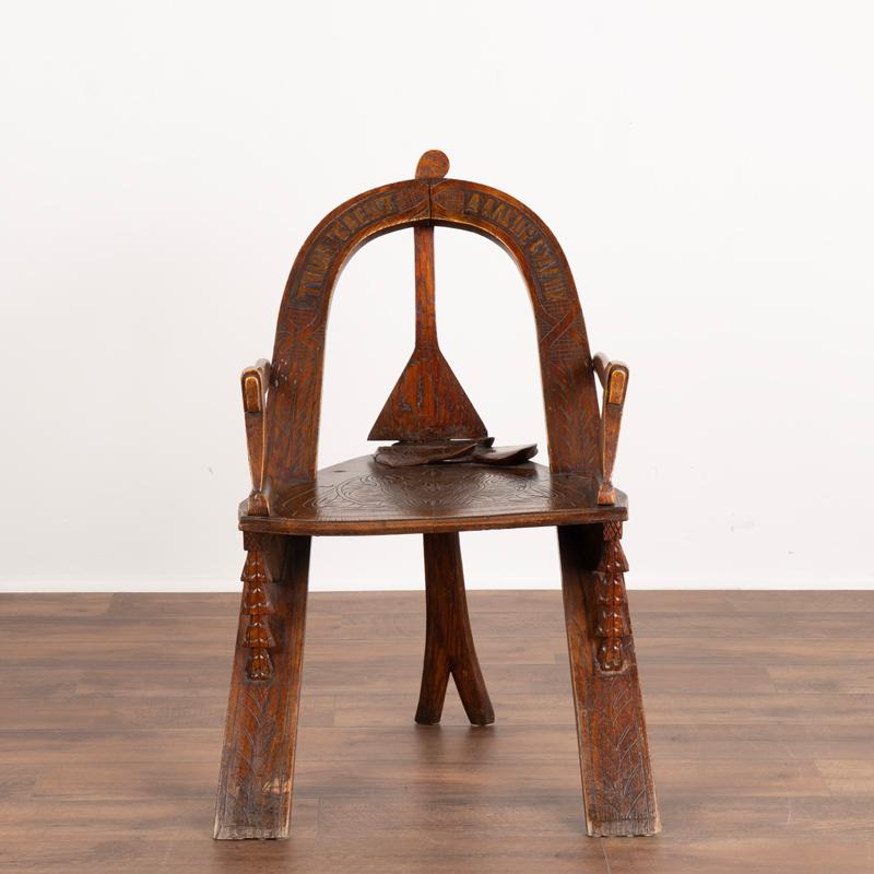Romanian Rustic Antique Hand-Carved Tri Leg Chair For Sale